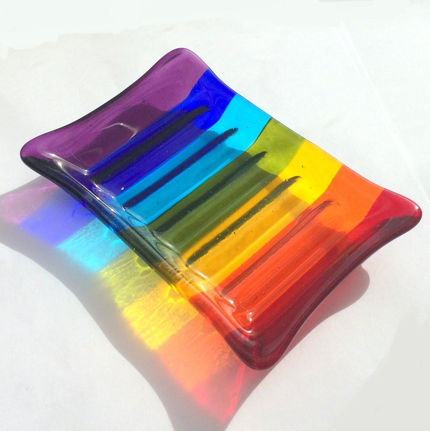 Handmade fused glass soap dish with rainbow colours. Rainbow striped colourful glass soap holder. Brightly Coloured Gift.