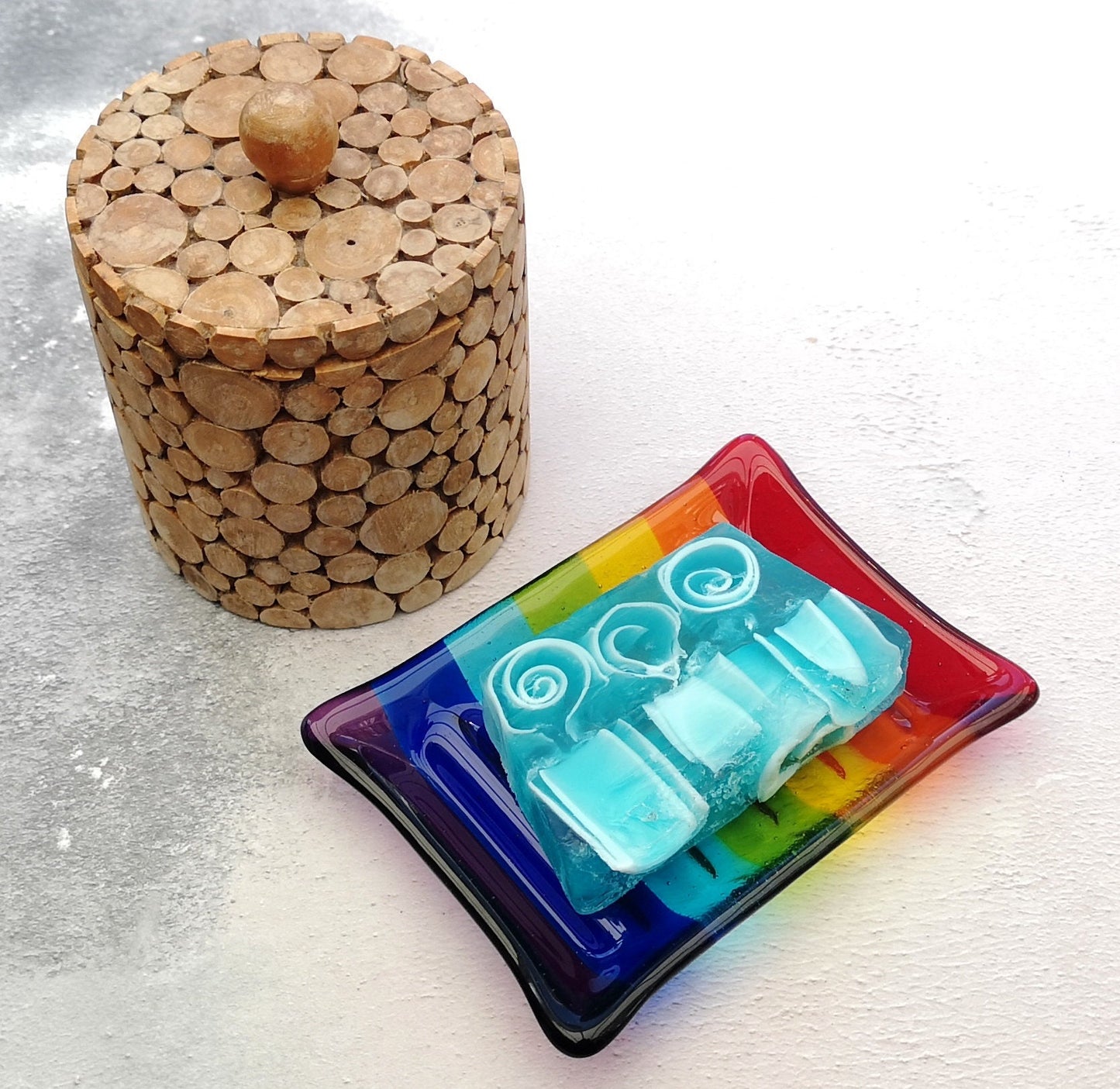 Handmade fused glass soap dish with rainbow colours. Rainbow striped colourful glass soap holder. Brightly Coloured Gift.