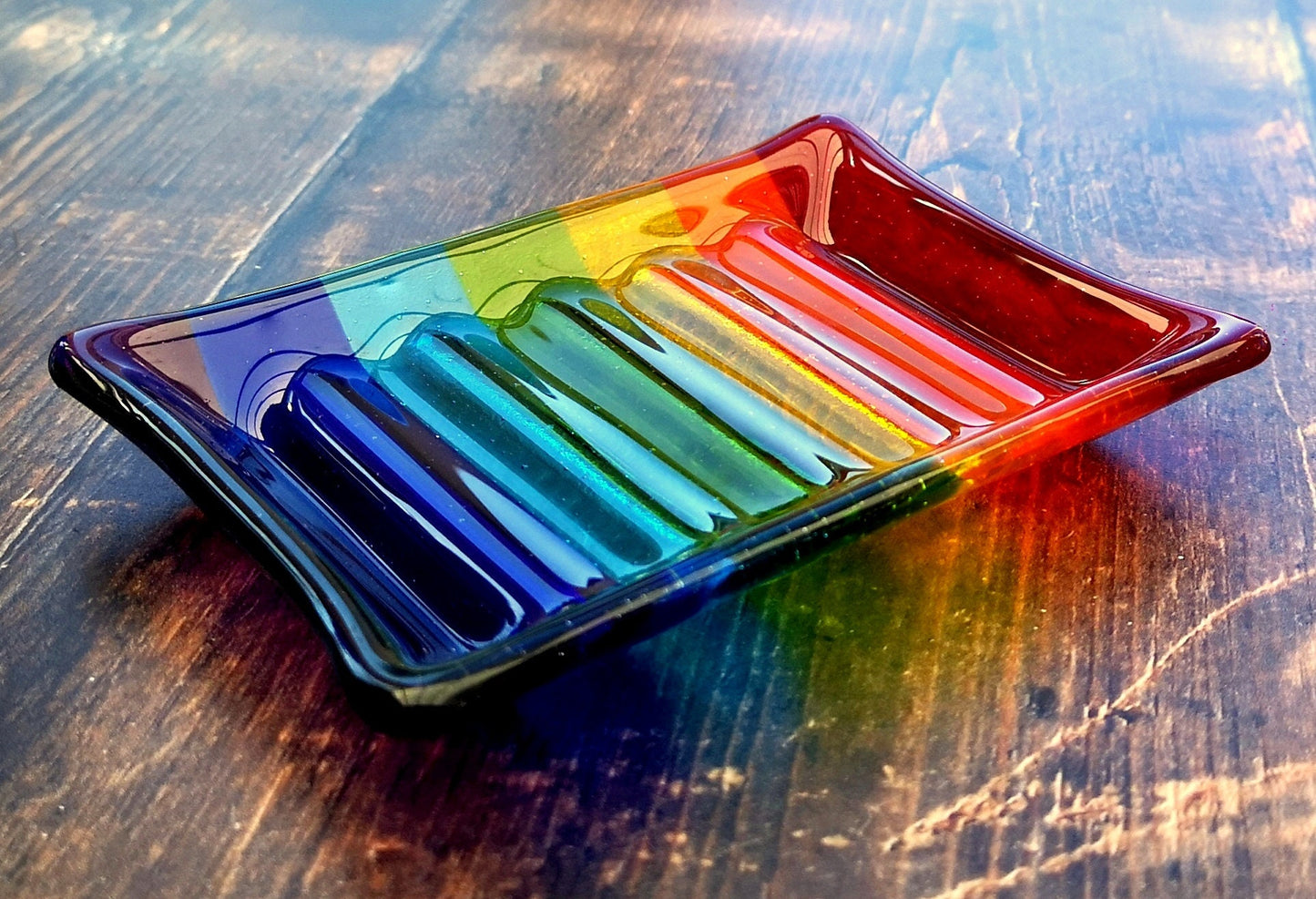 Handmade fused glass soap dish with rainbow colours. Rainbow striped colourful glass soap holder. Brightly Coloured Gift.