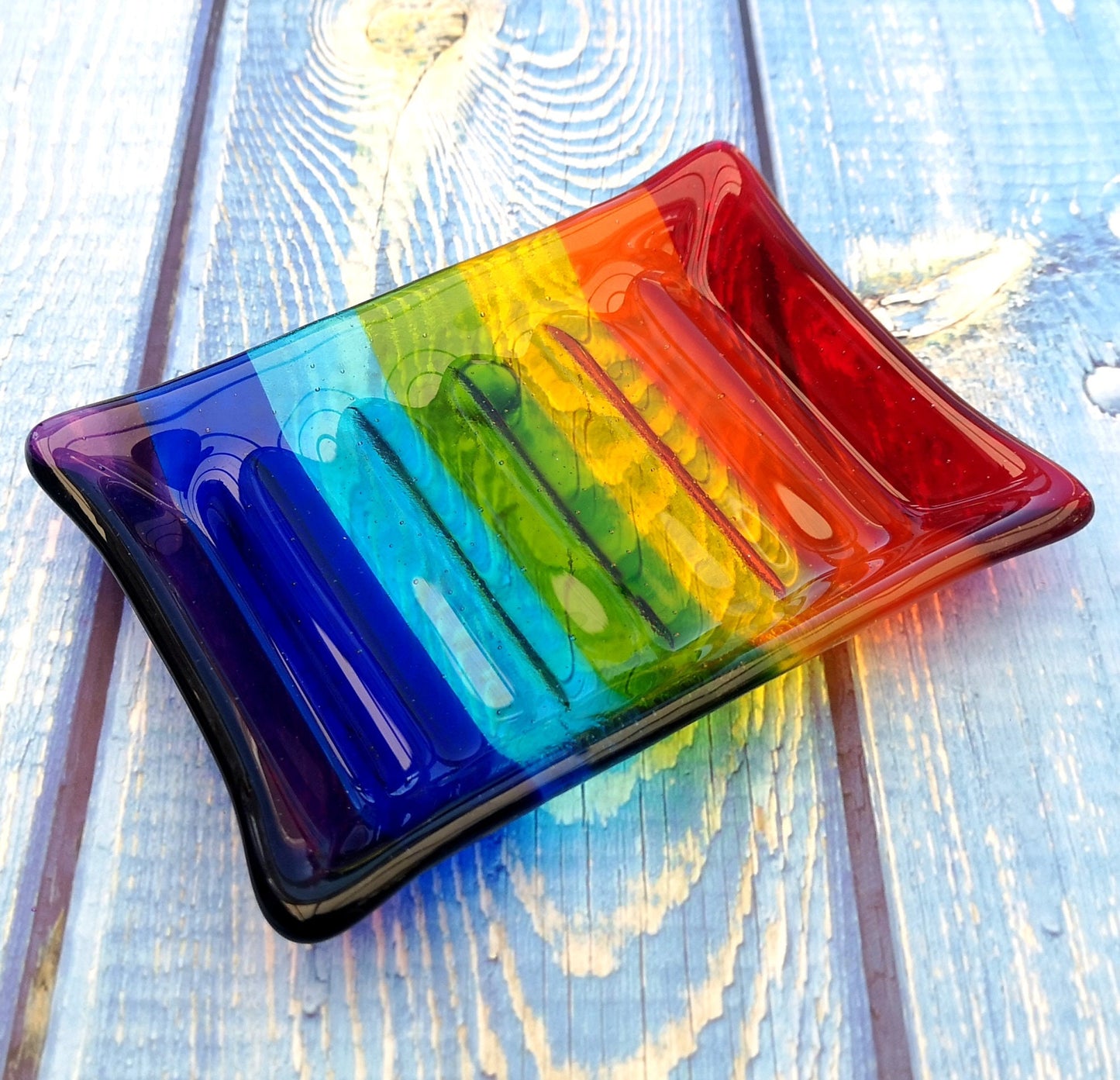 Handmade fused glass soap dish with rainbow colours. Rainbow striped colourful glass soap holder. Brightly Coloured Gift.