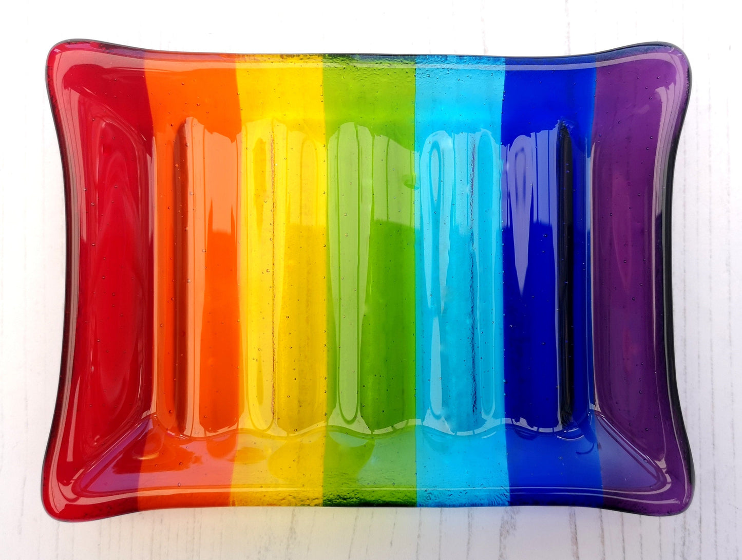 Handmade fused glass soap dish with rainbow colours. Rainbow striped colourful glass soap holder. Brightly Coloured Gift.