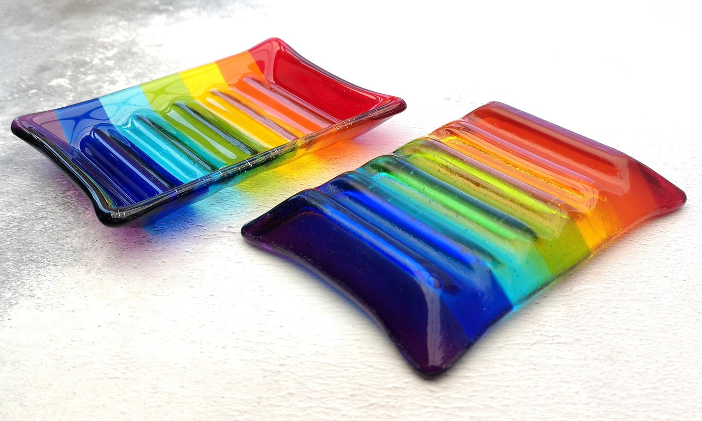 Handmade fused glass soap dish with rainbow colours. Rainbow striped colourful glass soap holder. Brightly Coloured Gift.