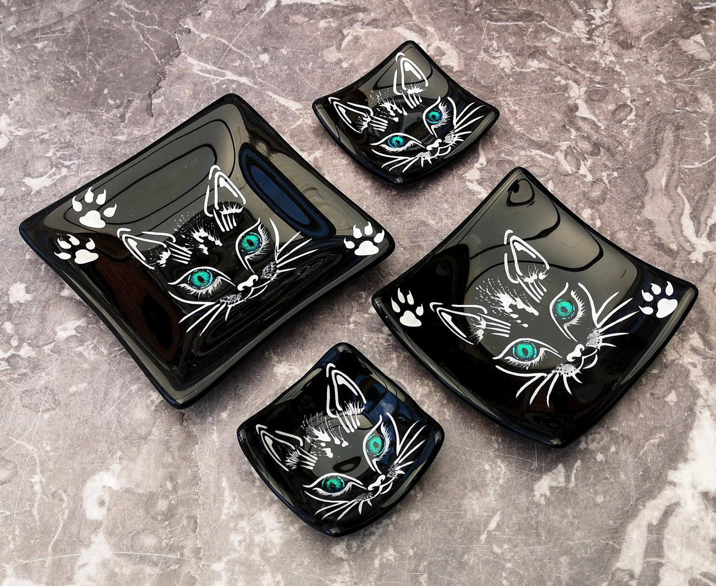 Handmade fused glass cat face bowls, with reflective dichroic glass eyes. Hand painted dish. Four different size serving plates. Cat lover Gift. Lucky black cat.