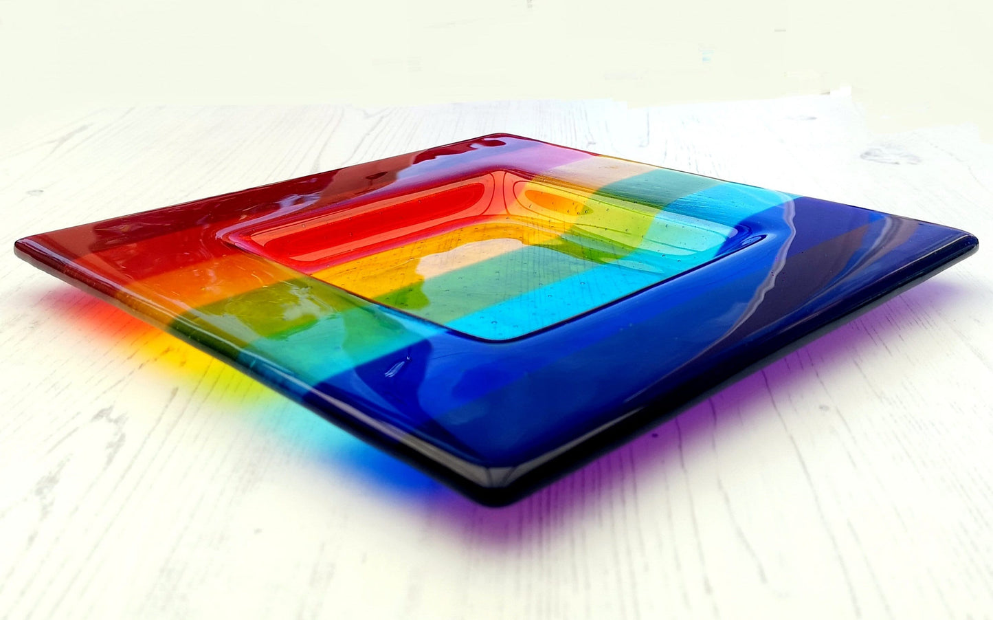 Handmade fused glass rainbow colour bowl. Rainbow striped colourful glass dish. Six different size square or rectangle serving plates to choose from. Multicoloured rainbow trinket bowl. Brightly coloured gift. Rainbow gift.