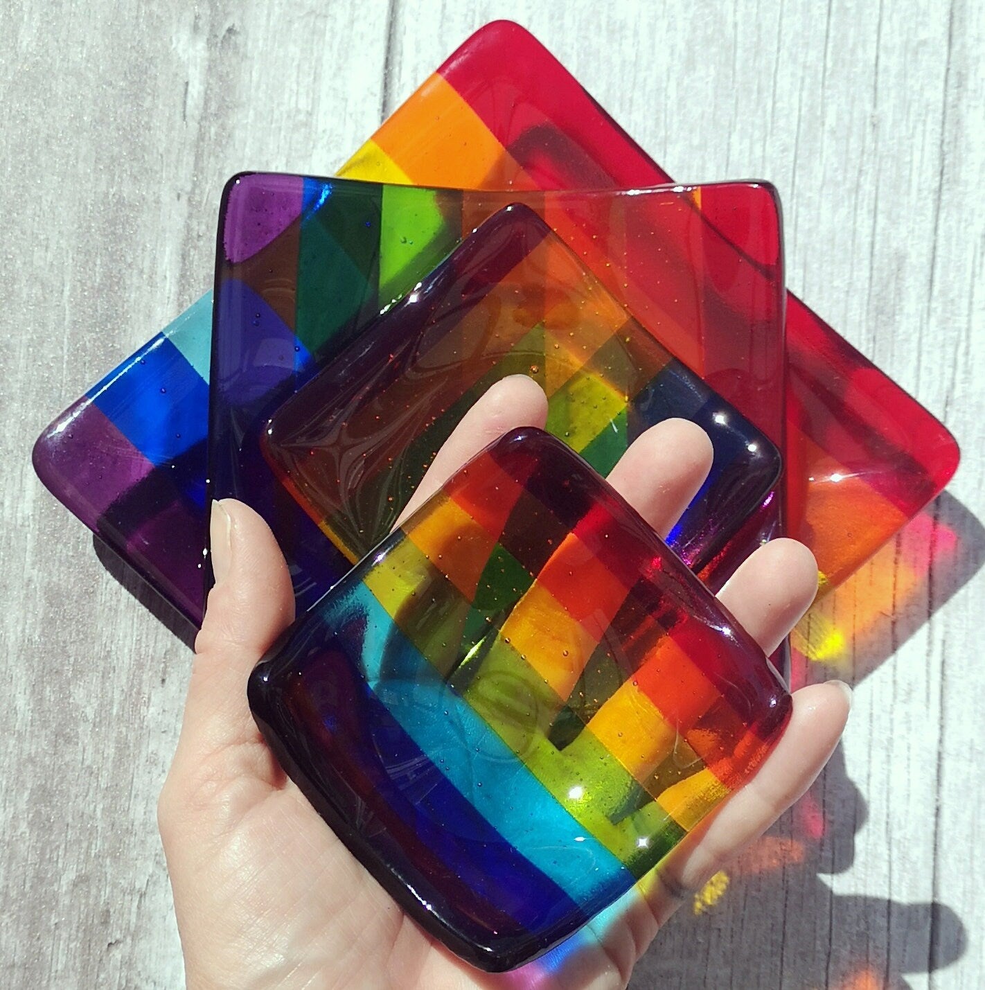 Handmade fused glass rainbow colour bowl. Rainbow striped colourful glass dish. Six different size square or rectangle serving plates to choose from. Multicoloured rainbow trinket bowl. Brightly coloured gift. Rainbow gift.