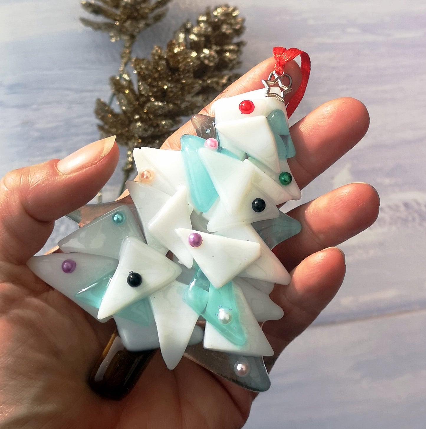 Handmade fused glass 3D Christmas Tree hanging decoration, Xmas tree ornament, holiday decor, Christmas gift, festive present