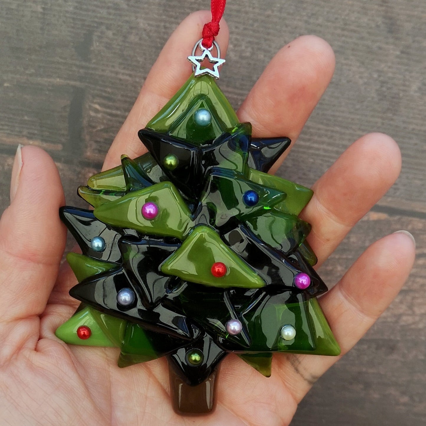Handmade fused glass 3D Christmas Tree hanging decoration, Xmas tree ornament, holiday decor, Christmas gift, festive present