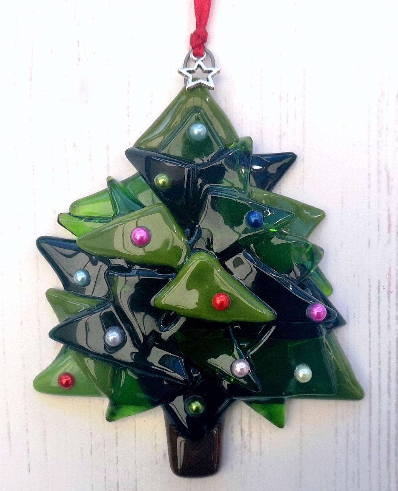 Handmade fused glass 3D Christmas Tree hanging decoration, Xmas tree ornament, holiday decor, Christmas gift, festive present