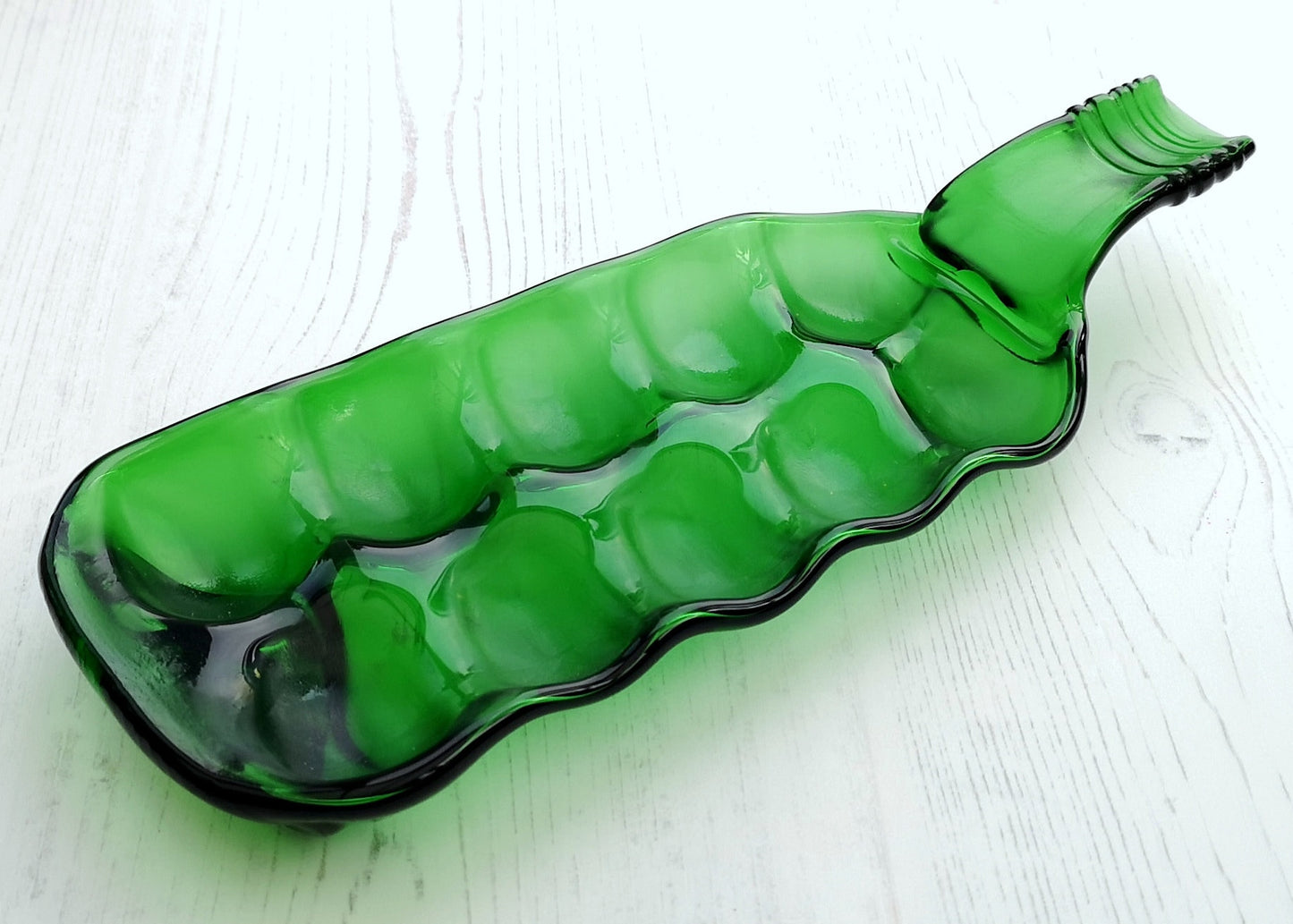 Handmade fused glass Multi Section Recycled Wine Bottle Dish. Squashed, slumped bottle serving plate. Eco gift, zero waste, reclaimed, upcycled glass bowl. Egg holder, tray.