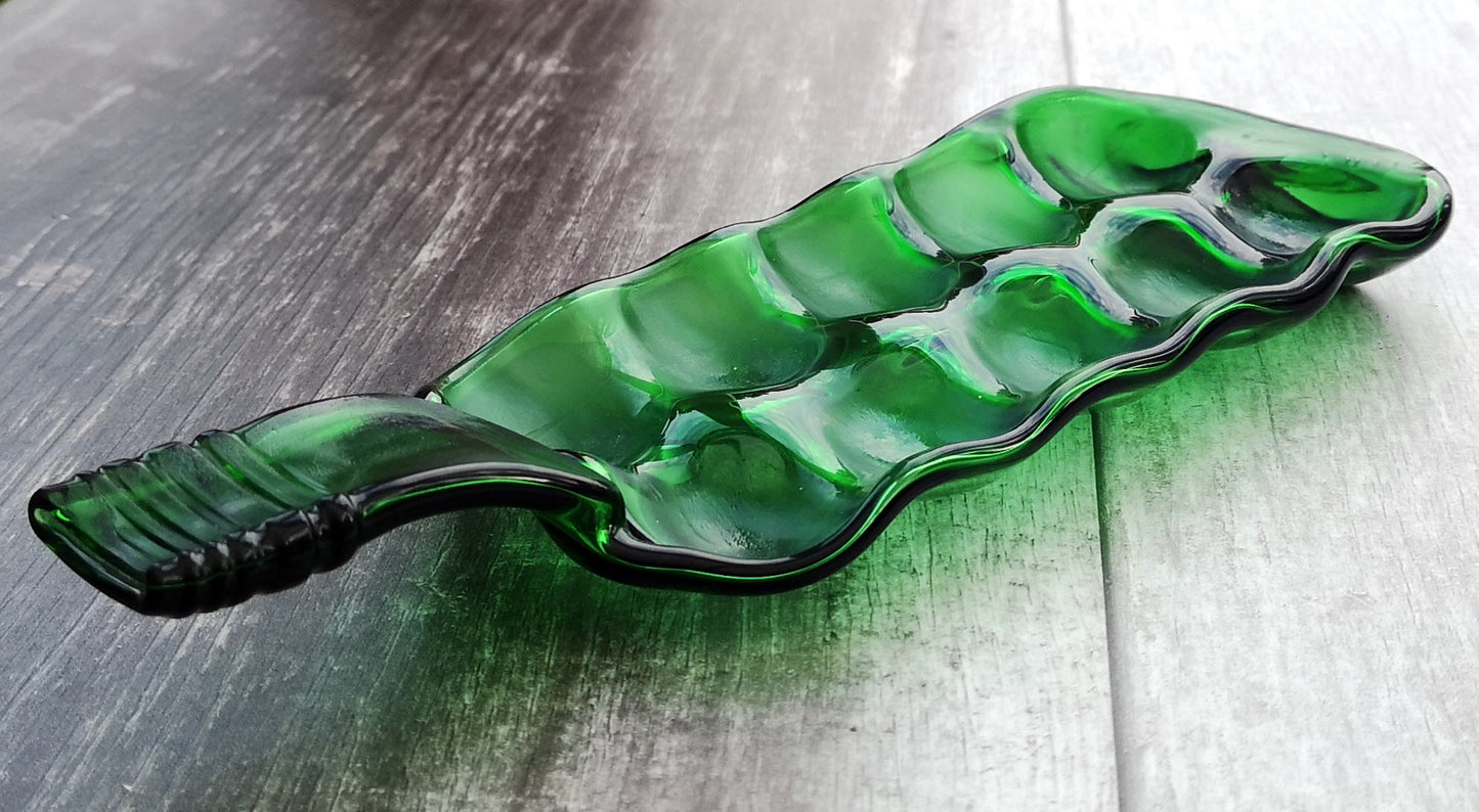 Handmade fused glass Multi Section Recycled Wine Bottle Dish. Squashed, slumped bottle serving plate. Eco gift, zero waste, reclaimed, upcycled glass bowl. Egg holder, tray.