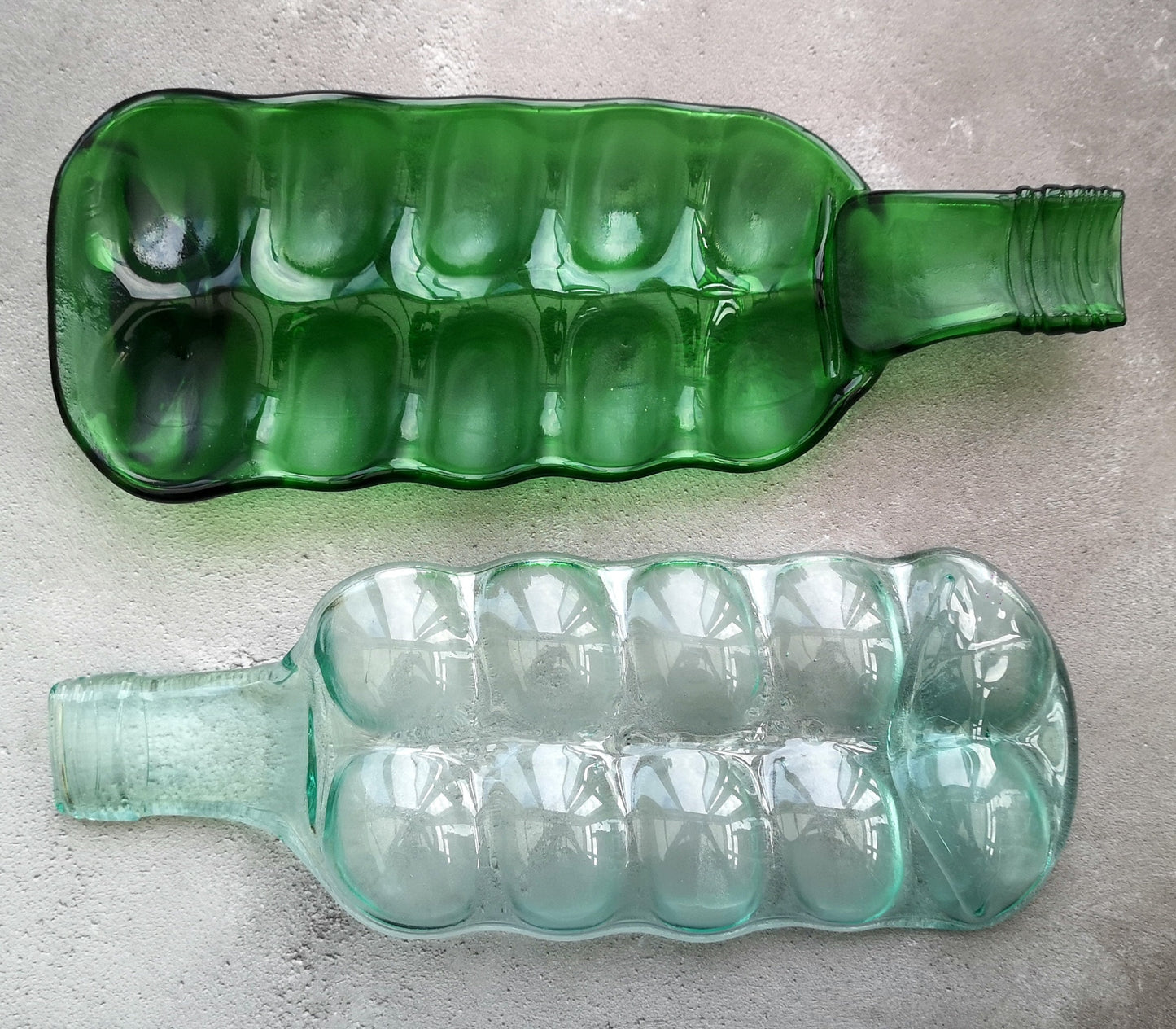 Handmade fused glass Multi Section Recycled Wine Bottle Dish. Squashed, slumped bottle serving plate. Eco gift, zero waste, reclaimed, upcycled glass bowl. Egg holder, tray.