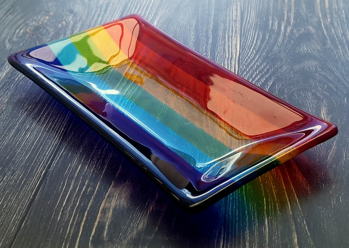 Handmade fused glass rainbow colour bowl. Rainbow striped colourful glass dish. Six different size square or rectangle serving plates to choose from. Multicoloured rainbow trinket bowl. Brightly coloured gift. Rainbow gift.