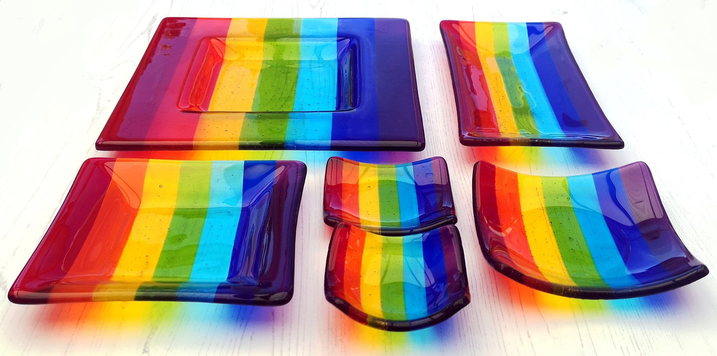 Handmade fused glass rainbow colour bowl. Rainbow striped colourful glass dish. Six different size square or rectangle serving plates to choose from. Multicoloured rainbow trinket bowl. Brightly coloured gift. Rainbow gift.