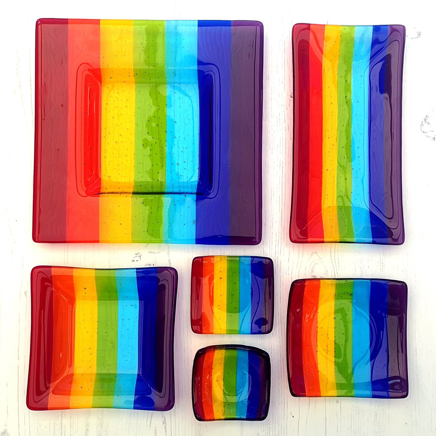 Handmade fused glass rainbow colour bowl. Rainbow striped colourful glass dish. Six different size square or rectangle serving plates to choose from. Multicoloured rainbow trinket bowl. Brightly coloured gift. Rainbow gift.
