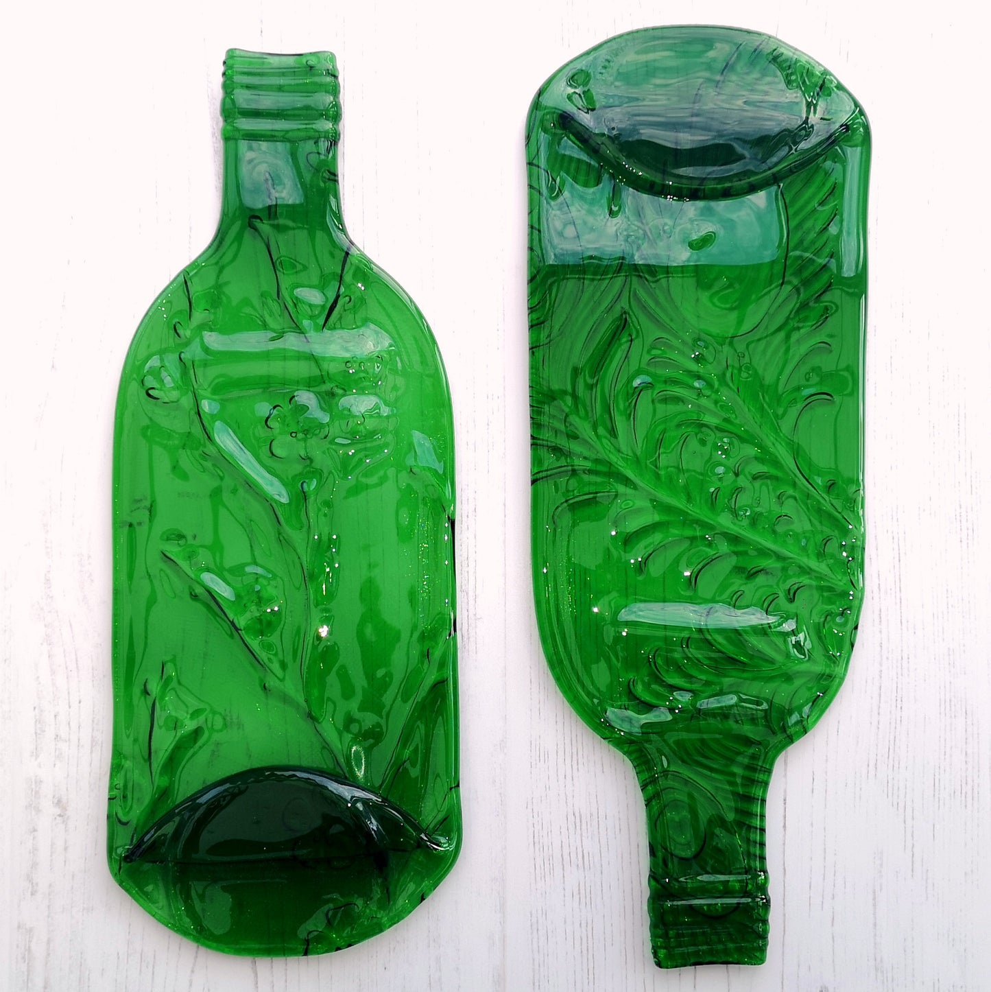 Handmade fused glass Recycled Wine Bottle Plate With Imprinted Patterns - Peacock Feathers - Fern Leaves - Cherry Blossom. Squashed, slumped bottle serving dish. Eco gift, zero waste, reclaimed, upcycled glass platter.