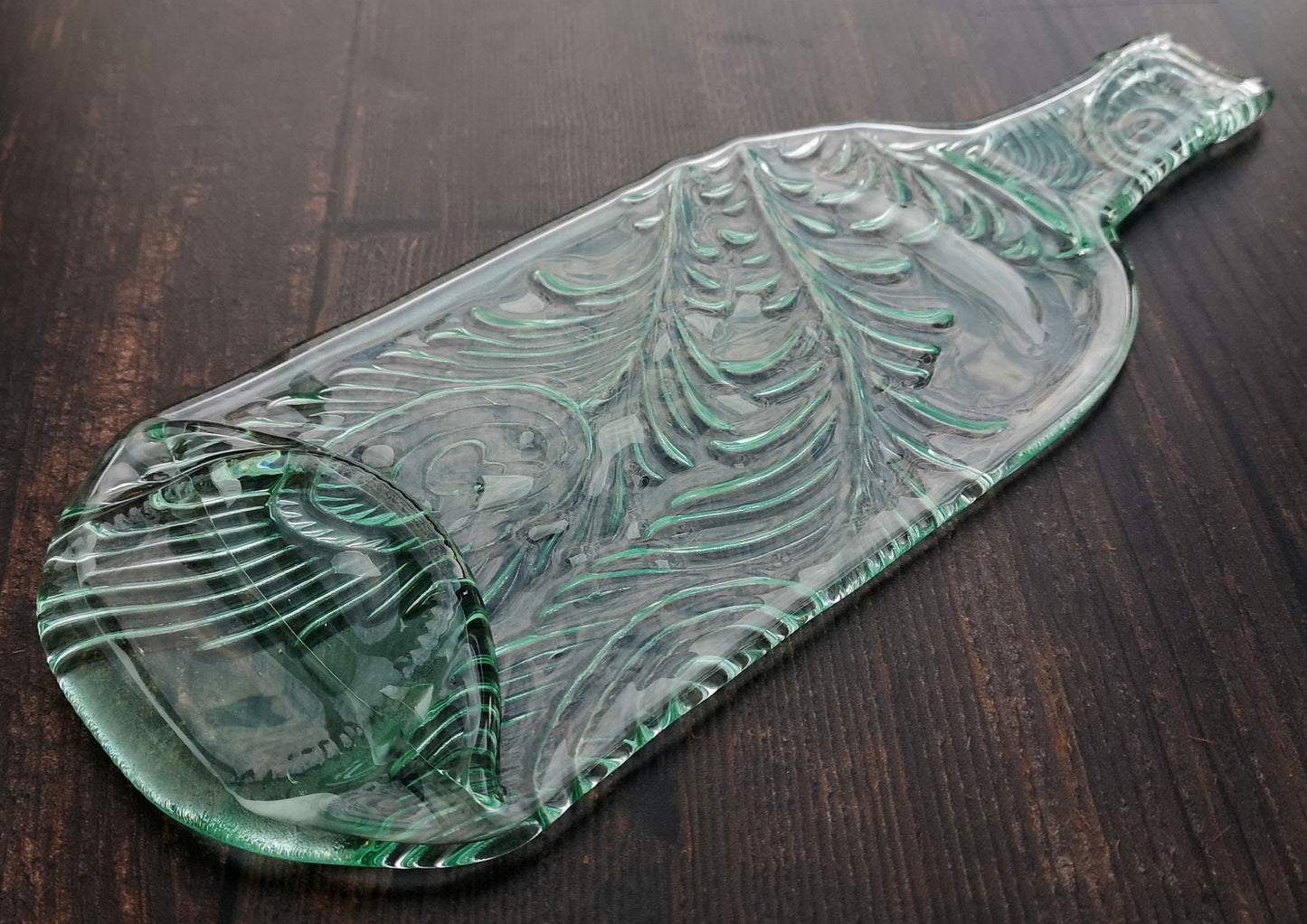 Handmade fused glass Recycled Wine Bottle Plate With Imprinted Patterns - Peacock Feathers - Fern Leaves - Cherry Blossom. Squashed, slumped bottle serving dish. Eco gift, zero waste, reclaimed, upcycled glass platter.