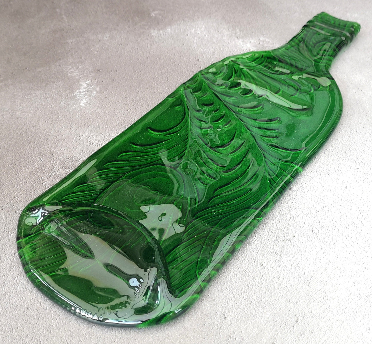 Handmade fused glass Recycled Wine Bottle Plate With Imprinted Patterns - Peacock Feathers - Fern Leaves - Cherry Blossom. Squashed, slumped bottle serving dish. Eco gift, zero waste, reclaimed, upcycled glass platter.