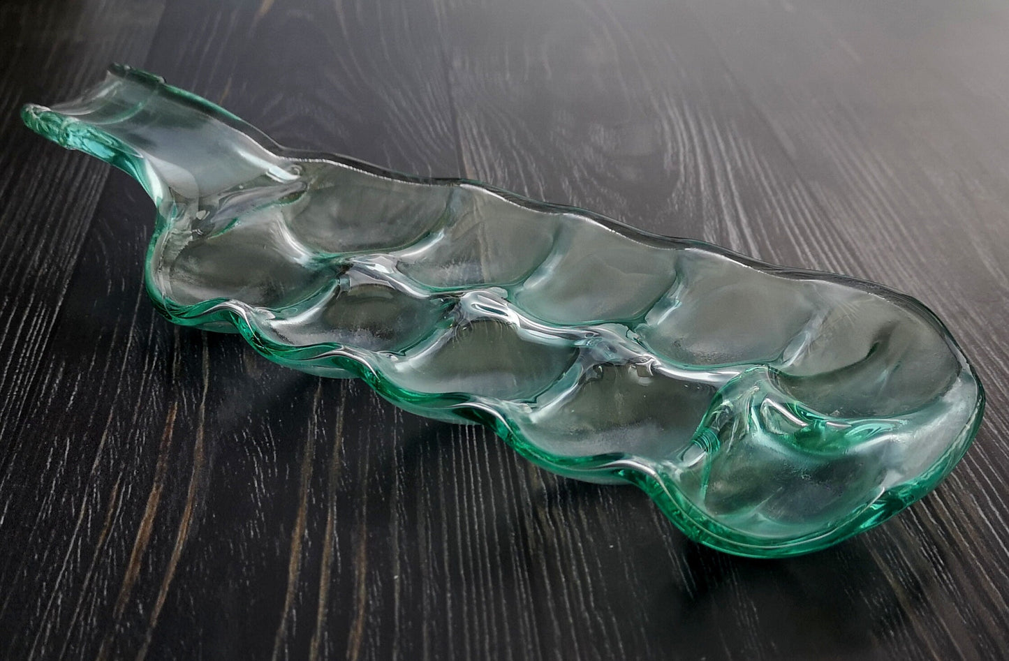 Handmade fused glass Multi Section Recycled Wine Bottle Dish. Squashed, slumped bottle serving plate. Eco gift, zero waste, reclaimed, upcycled glass bowl. Egg holder, tray.