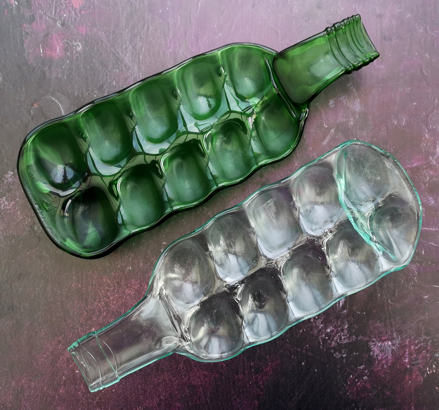 Handmade fused glass Multi Section Recycled Wine Bottle Dish. Squashed, slumped bottle serving plate. Eco gift, zero waste, reclaimed, upcycled glass bowl. Egg holder, tray.