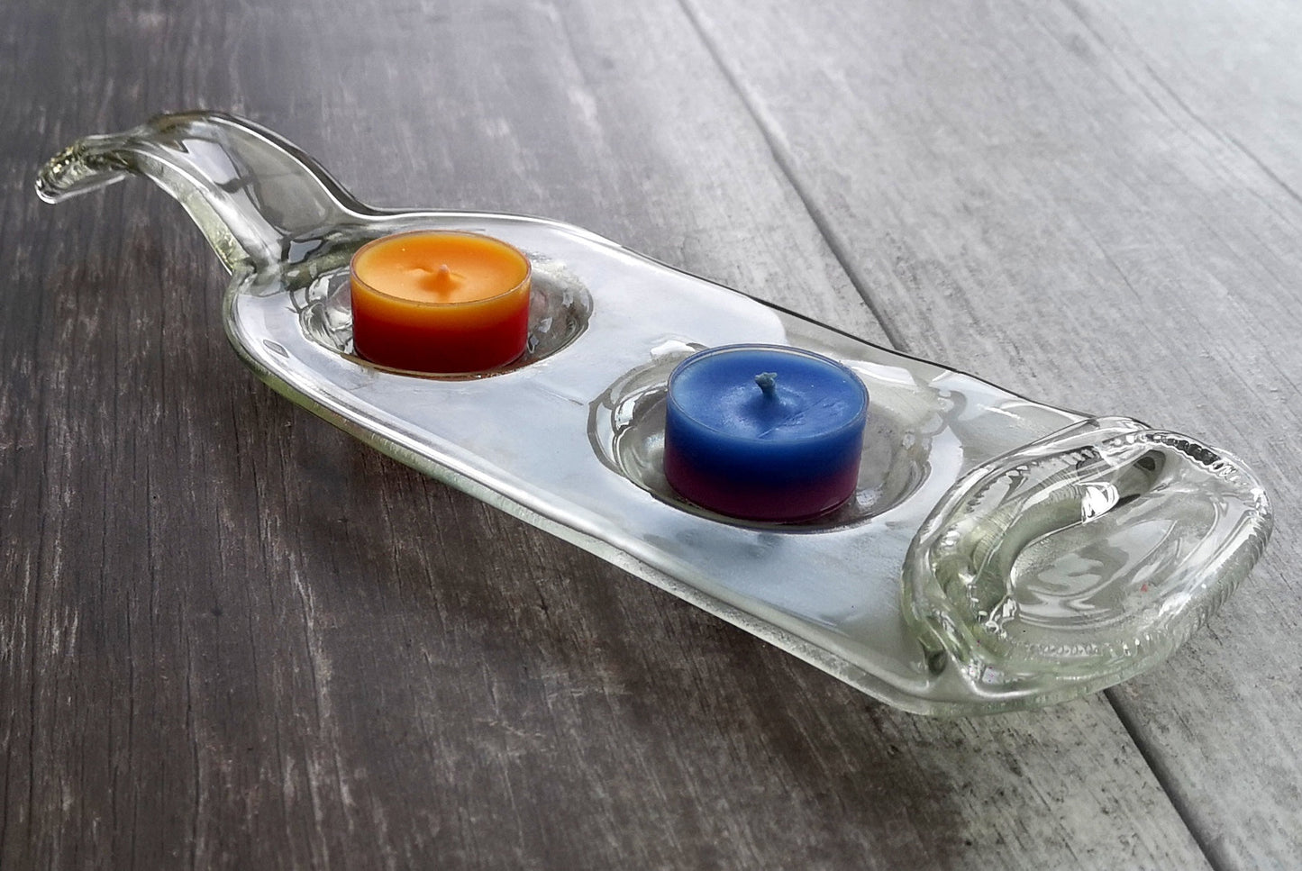 Handmade fused glass Recycled Wine Bottle Tealight / Small Candle Holder. Squashed Slumped Bottle - Eco Gift Zero Waste Reclaimed Upcycled.