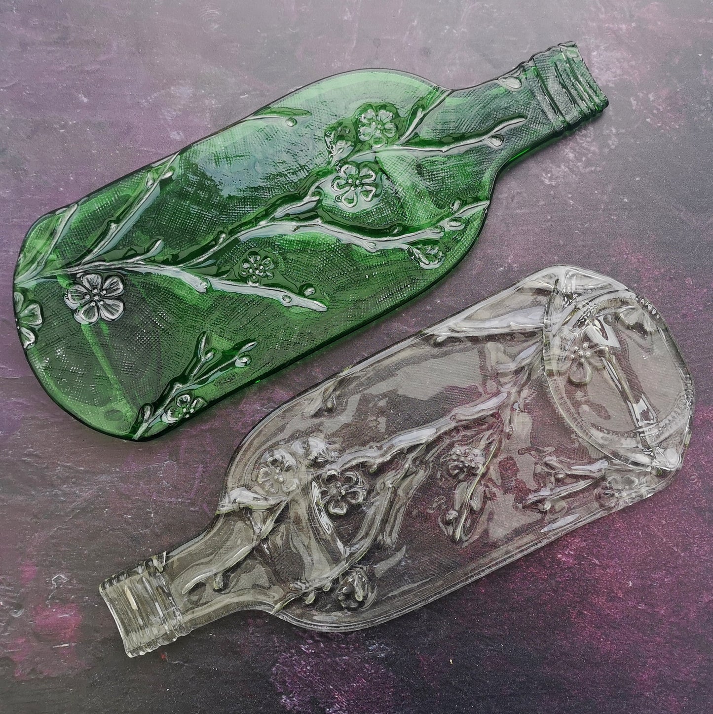 Handmade fused glass Recycled Wine Bottle Plate With Imprinted Patterns - Peacock Feathers - Fern Leaves - Cherry Blossom. Squashed, slumped bottle serving dish. Eco gift, zero waste, reclaimed, upcycled glass platter.