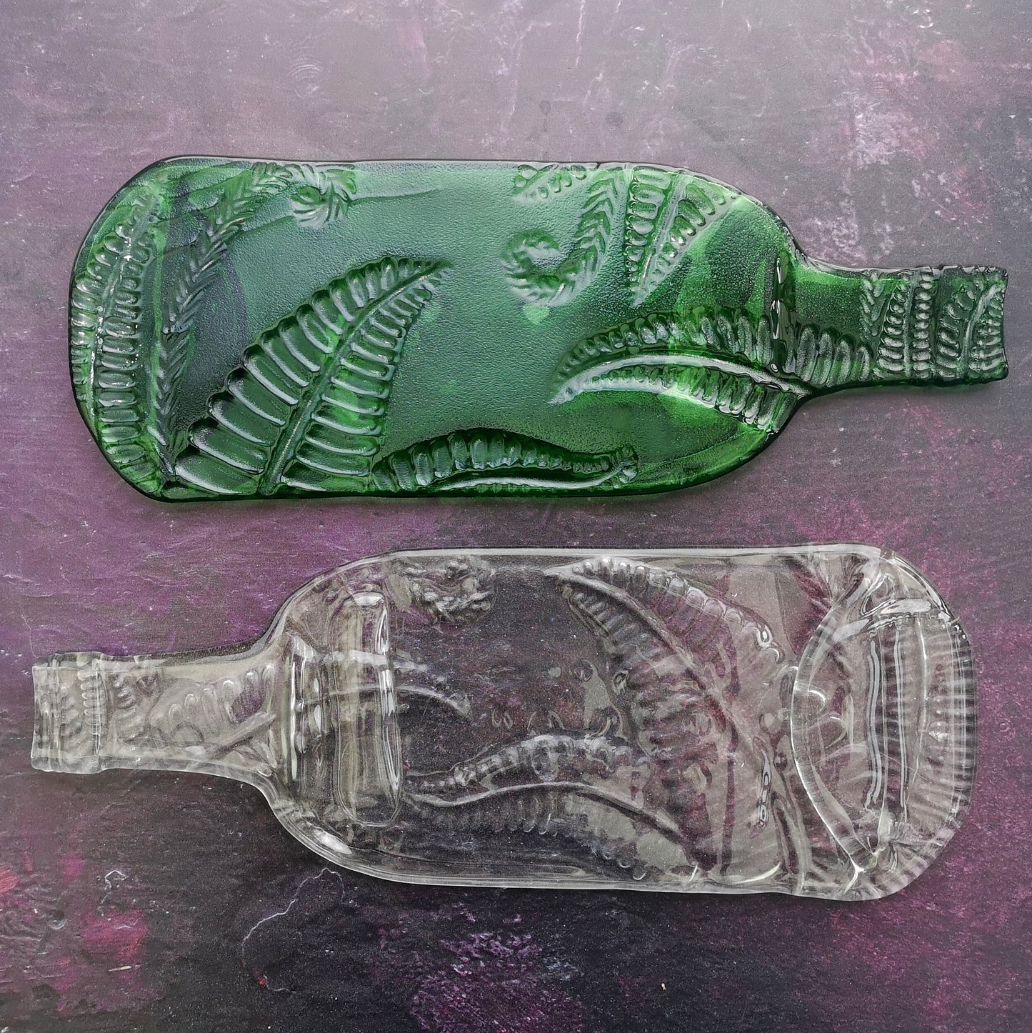 Handmade fused glass Recycled Wine Bottle Plate With Imprinted Patterns - Peacock Feathers - Fern Leaves - Cherry Blossom. Squashed, slumped bottle serving dish. Eco gift, zero waste, reclaimed, upcycled glass platter.