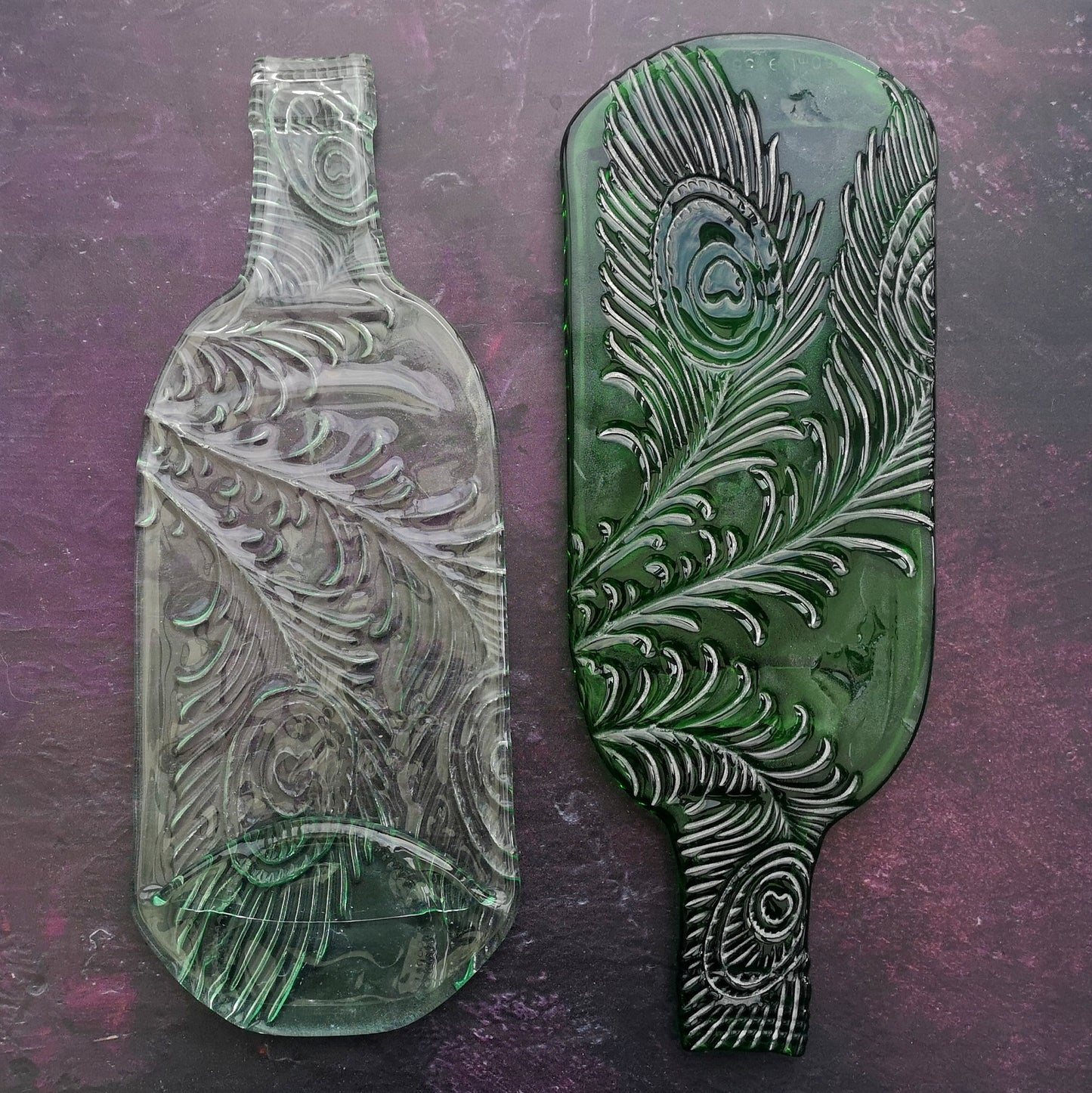 Handmade fused glass Recycled Wine Bottle Plate With Imprinted Patterns - Peacock Feathers - Fern Leaves - Cherry Blossom. Squashed, slumped bottle serving dish. Eco gift, zero waste, reclaimed, upcycled glass platter.