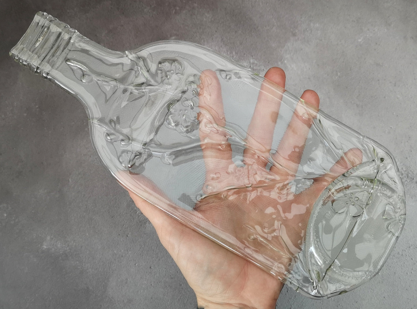Handmade fused glass Recycled Wine Bottle Plate With Imprinted Patterns - Peacock Feathers - Fern Leaves - Cherry Blossom. Squashed, slumped bottle serving dish. Eco gift, zero waste, reclaimed, upcycled glass platter.