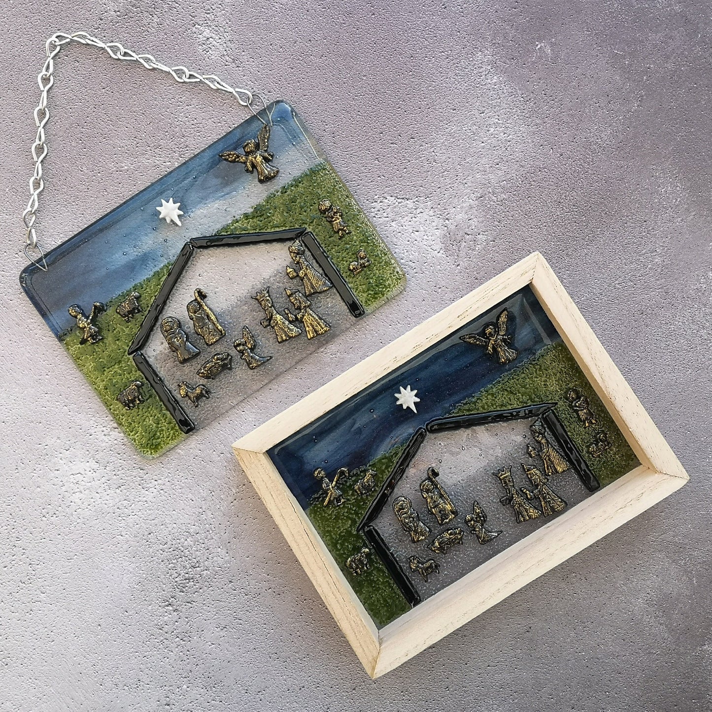 Handmade fused glass nativity scene hanging picture or free standing wooden frame. Decoration ornament, Christmas decor, festive gift, present. 3 wise men, baby Jesus in a manger.