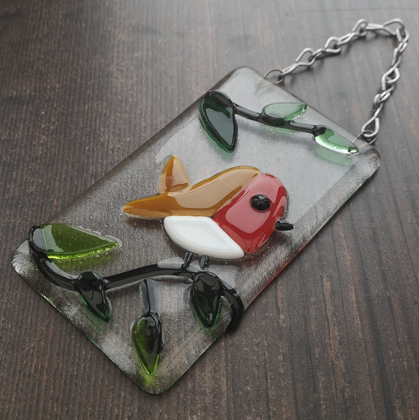 Handmade fused glass robin hanging decoration. Bird in a tree ornament, holiday decor, Christmas gift, festive present. Robin red breast picture.
