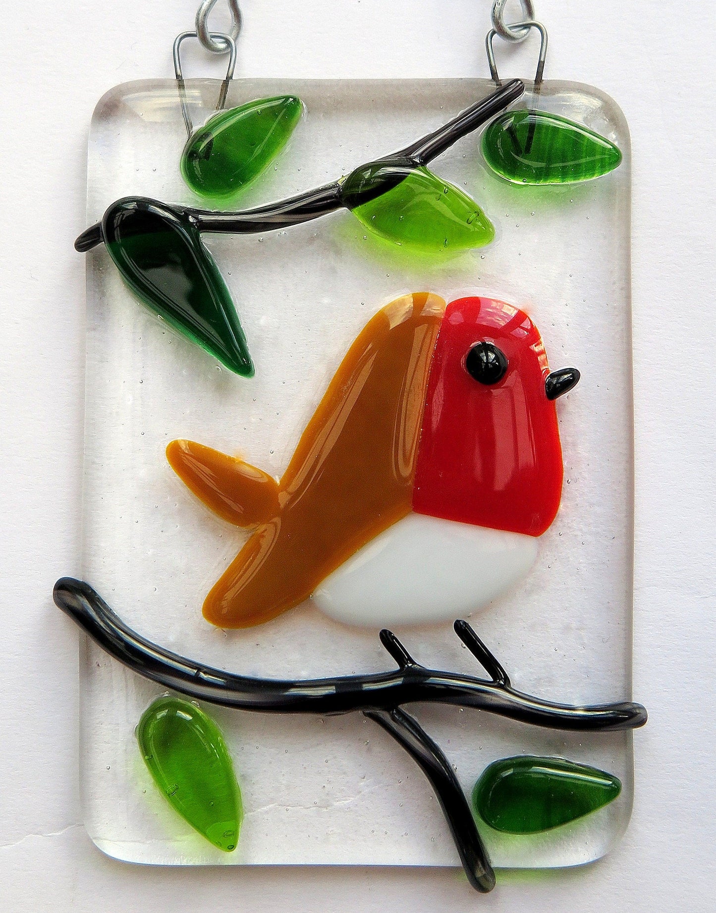 Handmade fused glass robin hanging decoration. Bird in a tree ornament, holiday decor, Christmas gift, festive present. Robin red breast picture.