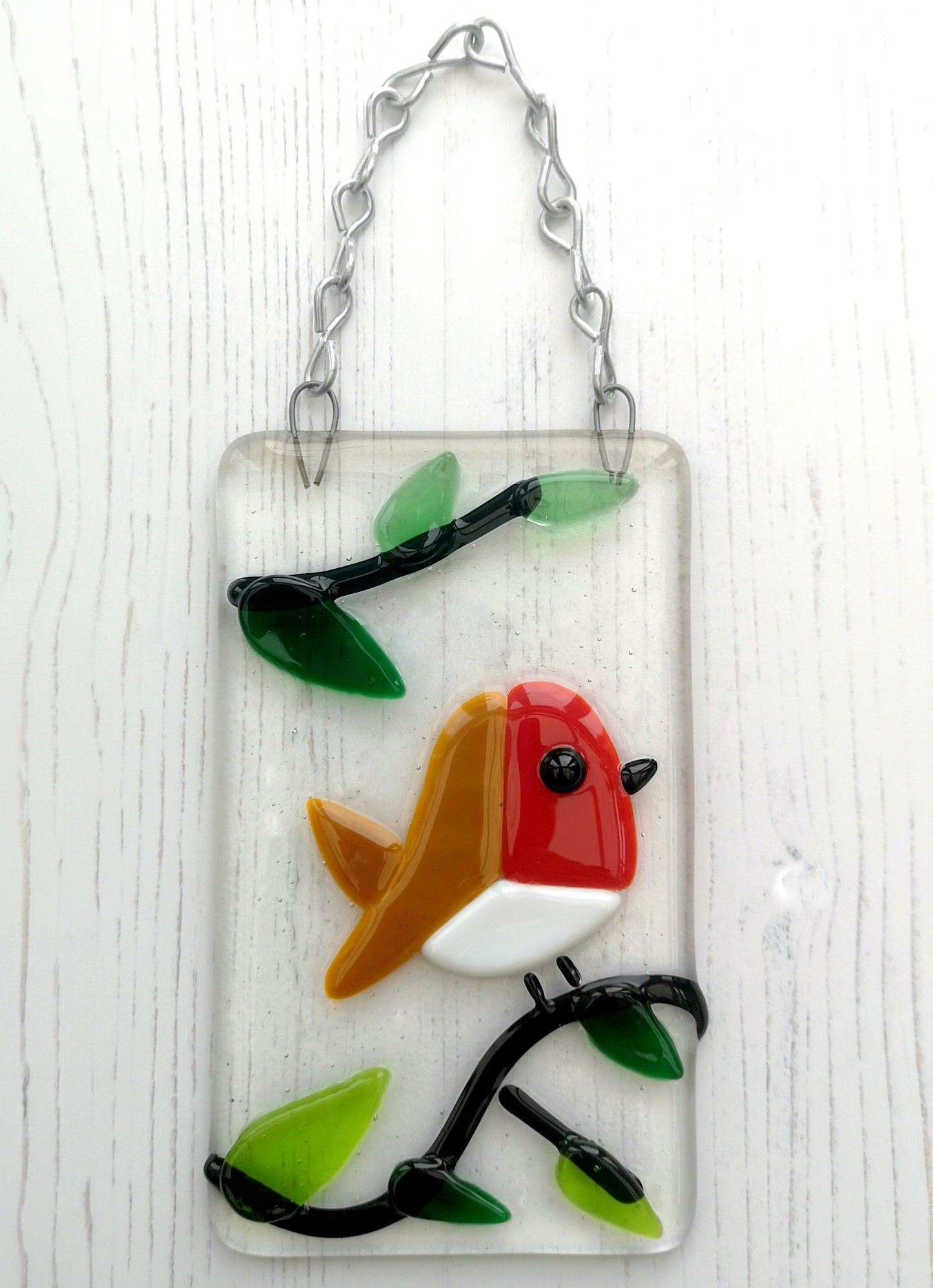 Handmade fused glass robin hanging decoration. Bird in a tree ornament, holiday decor, Christmas gift, festive present. Robin red breast picture.