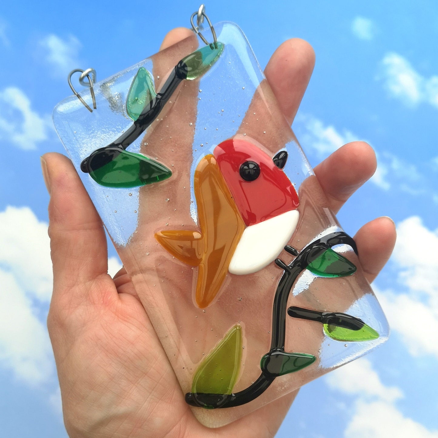 Handmade fused glass robin hanging decoration. Bird in a tree ornament, holiday decor, Christmas gift, festive present. Robin red breast picture.