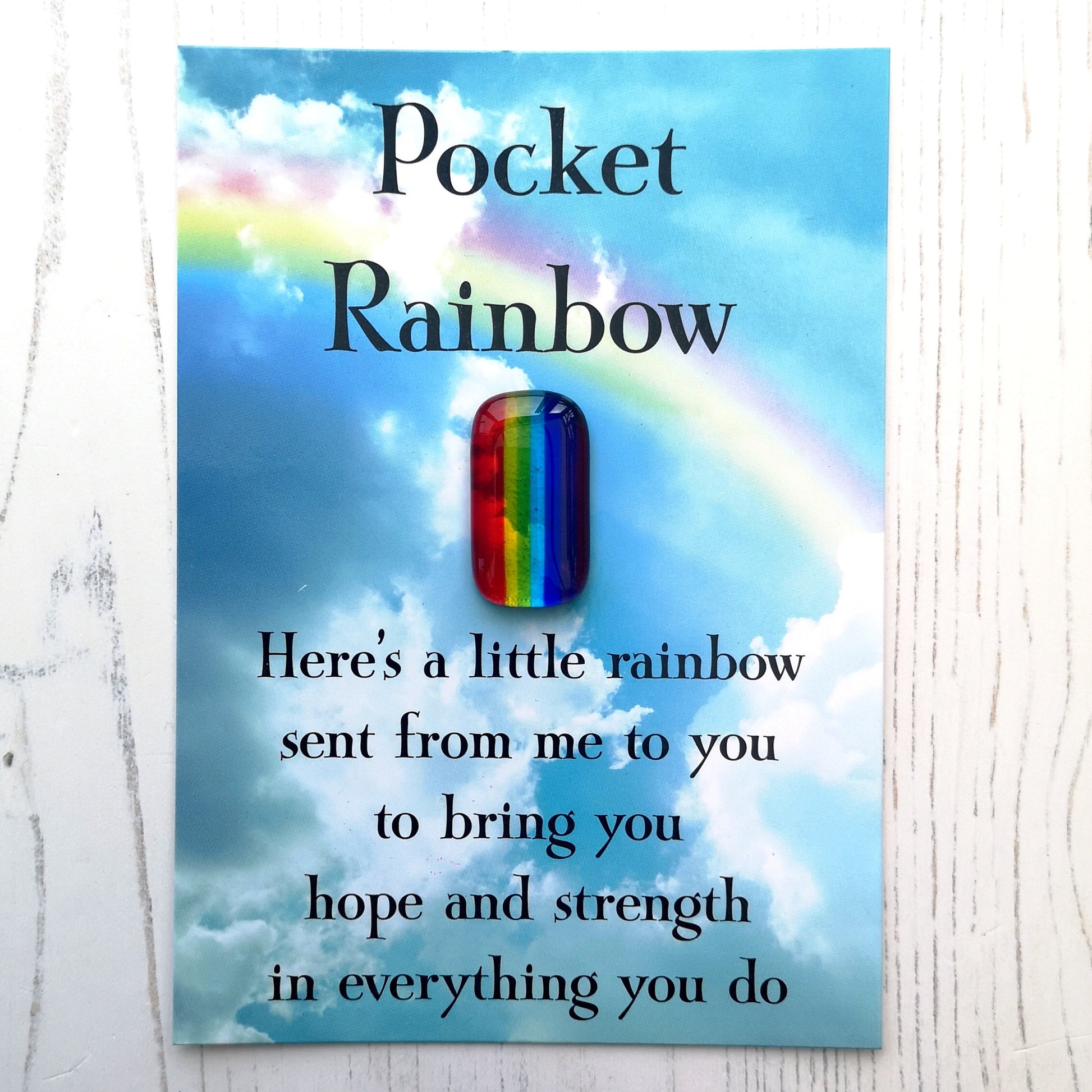 Handmade fused glass pocket rainbow on a postcard with envelope. 4 different messages to choose from. Pocket hug, wish stone, worry charm, keepsake. Glass rainbow message gift card, greeting card present.