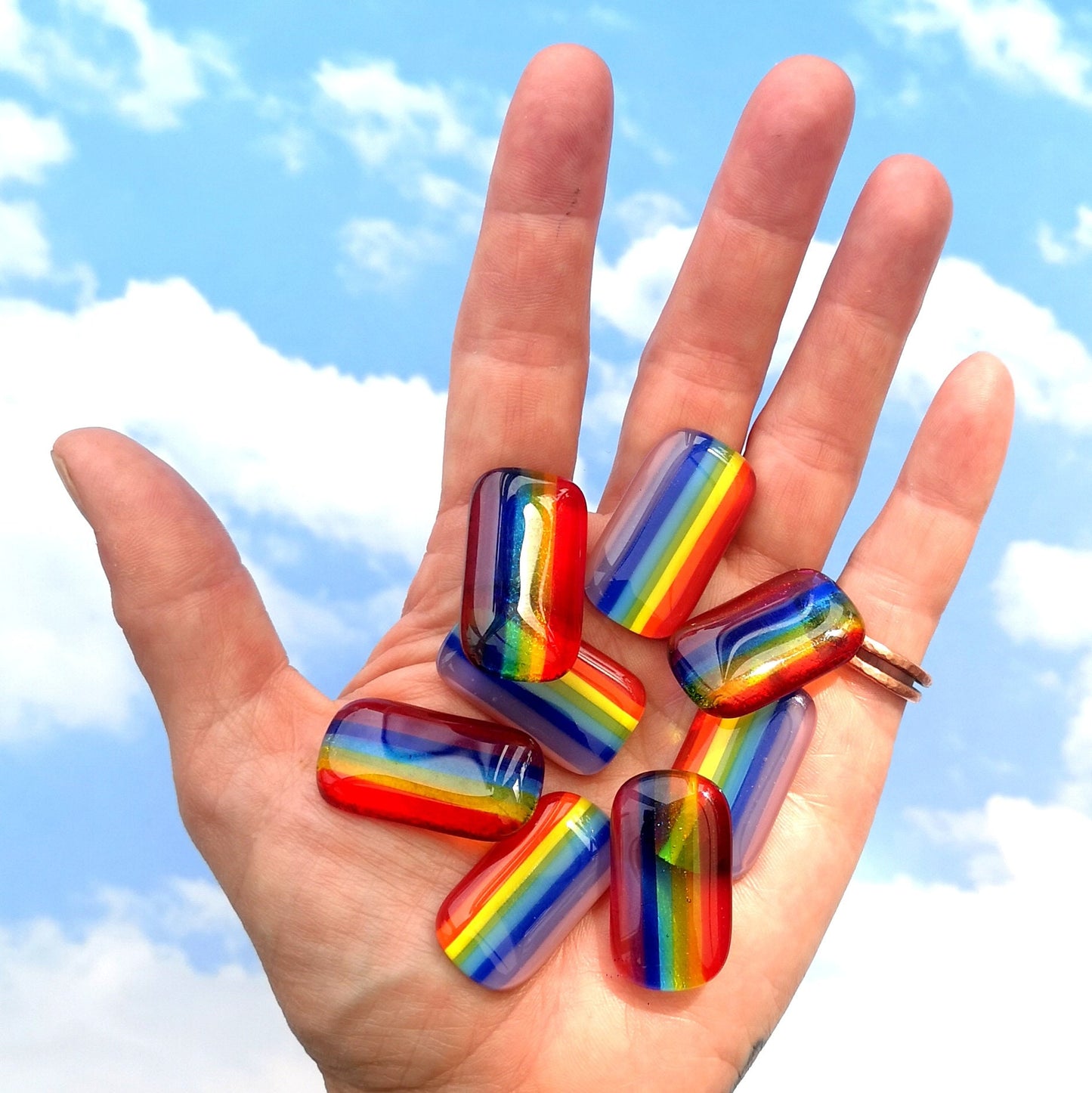 Handmade fused glass pocket rainbow on a postcard with envelope. 4 different messages to choose from. Pocket hug, wish stone, worry charm, keepsake. Glass rainbow message gift card, greeting card present.