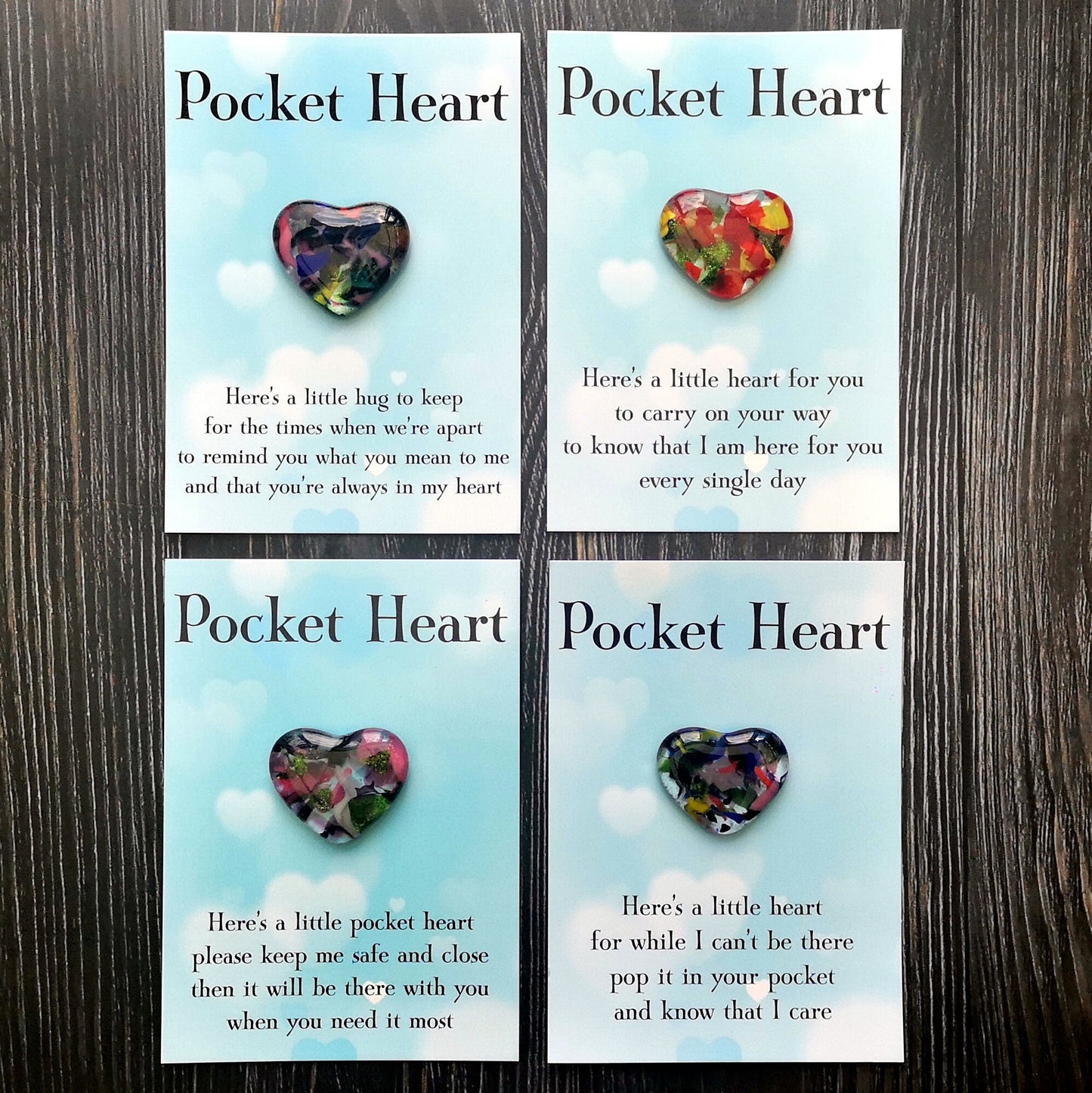 Handmade fused glass pocket heart on a postcard with envelope. 4 different messages to choose from. Pocket hug, wish stone, worry charm, keepsake. Glass heart message gift card, greeting card present.