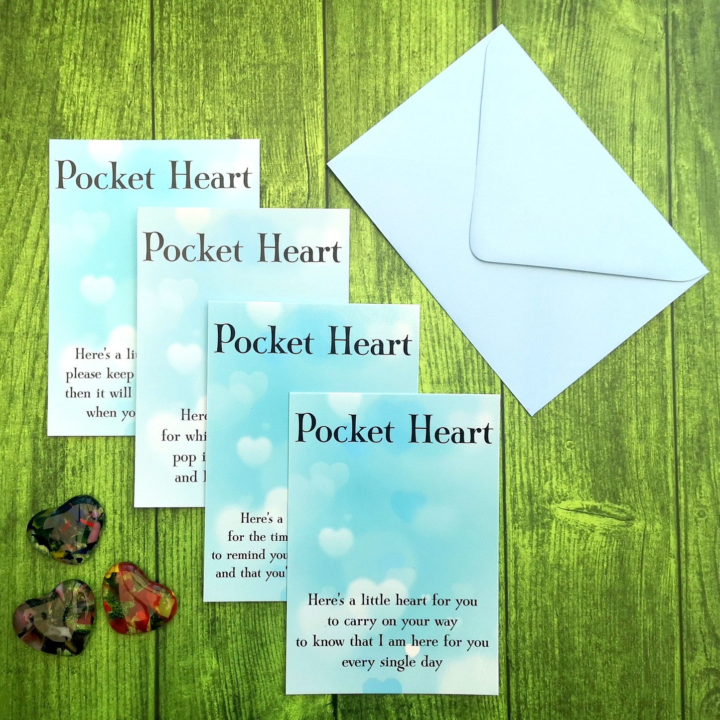 Handmade fused glass pocket heart on a postcard with envelope. 4 different messages to choose from. Pocket hug, wish stone, worry charm, keepsake. Gift for the friend on-the-mend