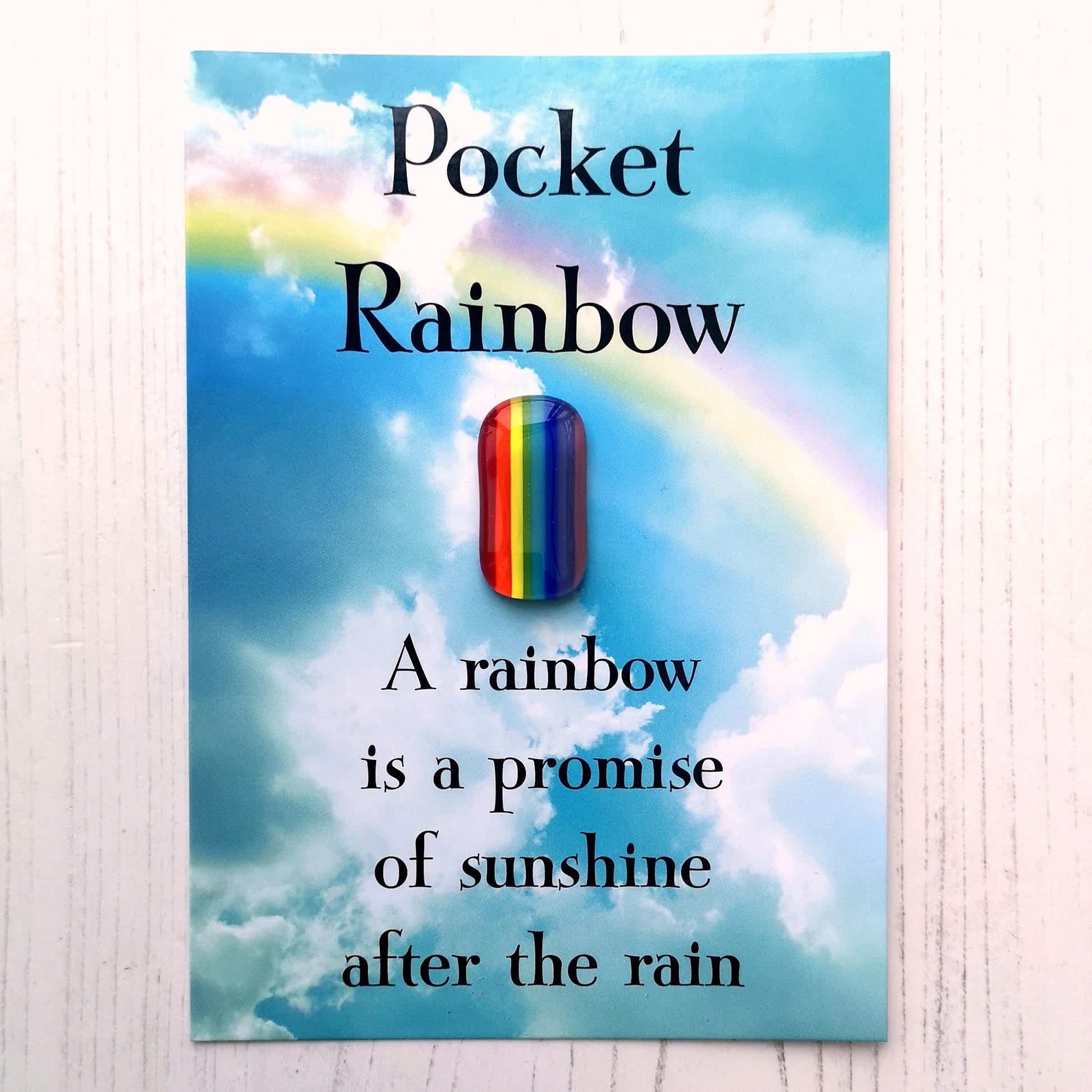 Handmade fused glass pocket rainbow on a postcard with envelope. 4 different messages to choose from. Pocket hug, wish stone, worry charm, keepsake. Glass rainbow message gift card, greeting card present.