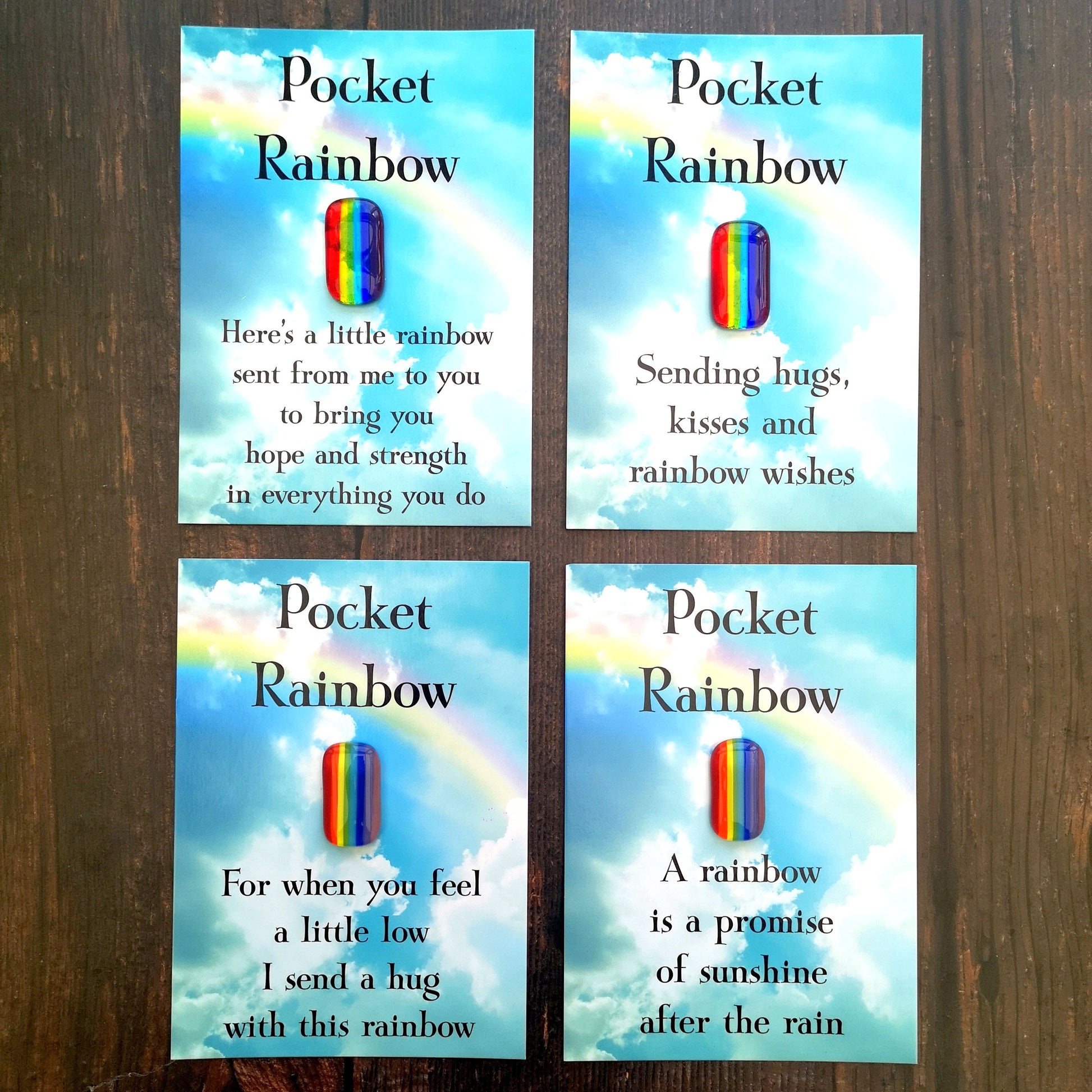 Handmade fused glass pocket rainbow on a postcard with envelope. 4 different messages to choose from. Pocket hug, wish stone, worry charm, keepsake. Glass rainbow message gift card, greeting card present.