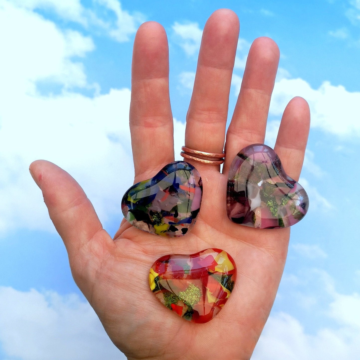 Handmade fused glass pocket heart on a postcard with envelope. 4 different messages to choose from. Pocket hug, wish stone, worry charm, keepsake. Glass heart message gift card, greeting card present.