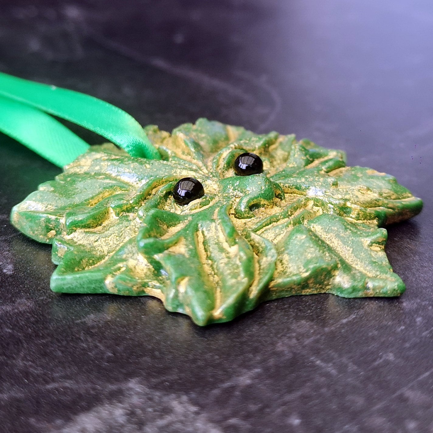 Handmade fused glass Greenman face hanging decoration. Leaf Man Christmas tree bauble. Man of the woods decor. Nature lover gift. Pagan gift.