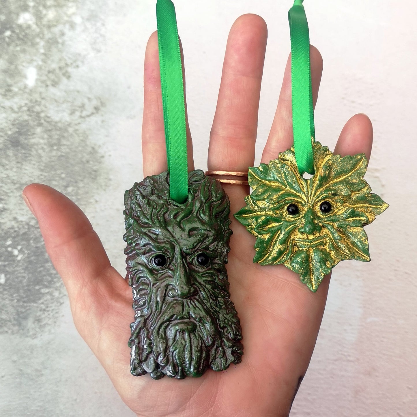 Handmade fused glass Greenman face hanging decoration. Leaf Man Christmas tree bauble. Man of the woods decor. Nature lover gift. Pagan gift.