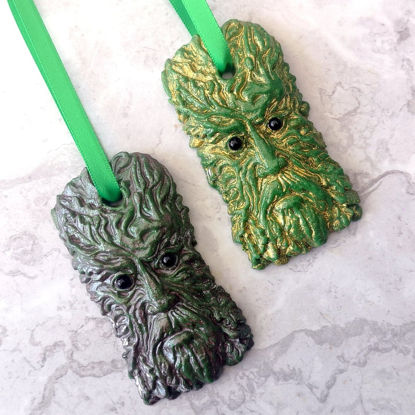 Handmade fused glass Greenman face hanging decoration. Leaf Man Christmas tree bauble. Man of the woods decor. Nature lover gift. Pagan gift.