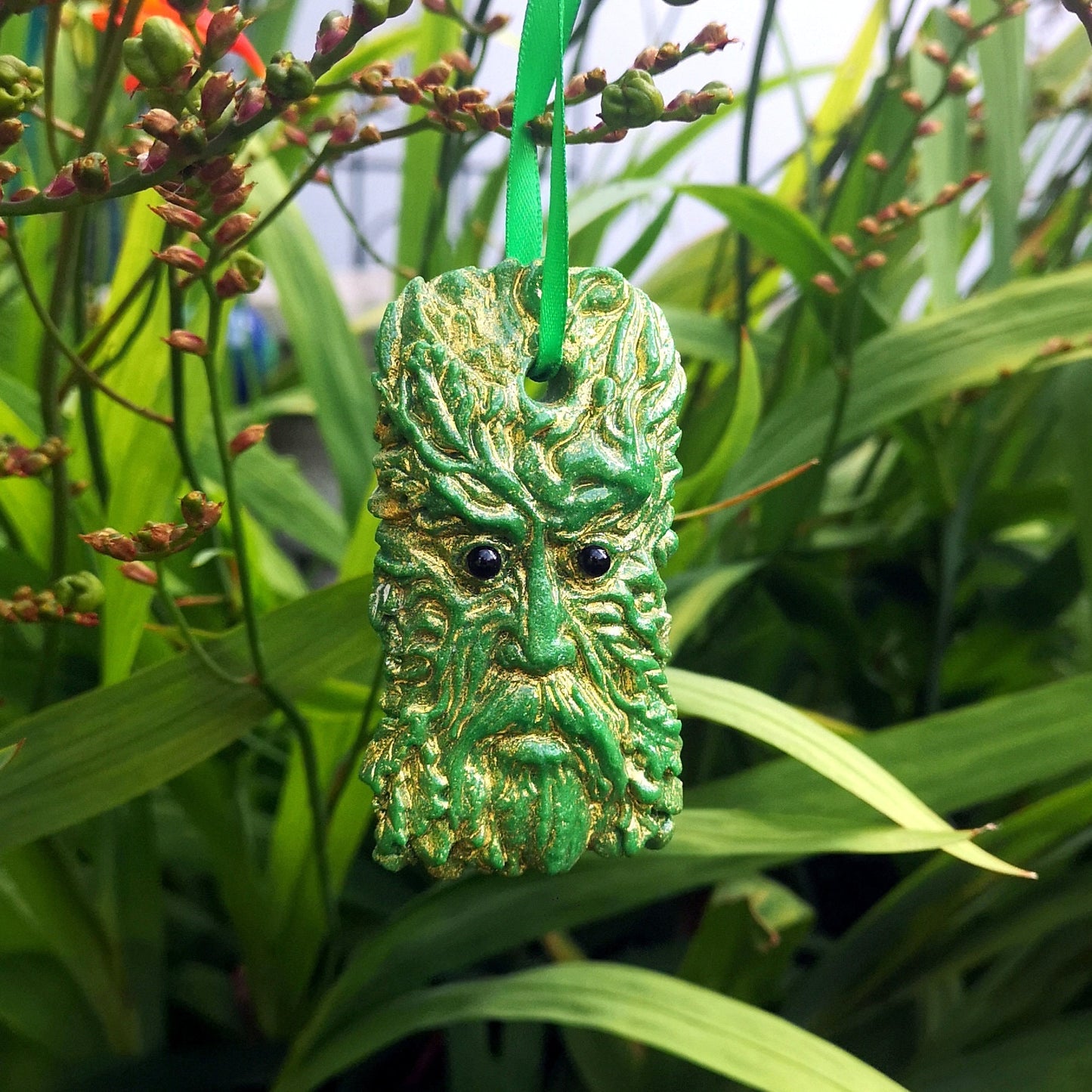 Handmade fused glass Greenman face hanging decoration. Leaf Man Christmas tree bauble. Man of the woods decor. Nature lover gift. Pagan gift.