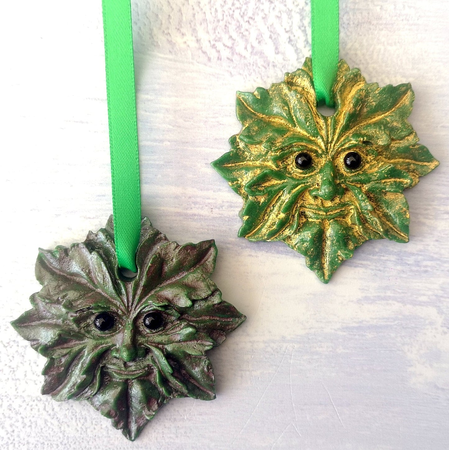Handmade fused glass Greenman face hanging decoration. Leaf Man Christmas tree bauble. Man of the woods decor. Nature lover gift. Pagan gift.