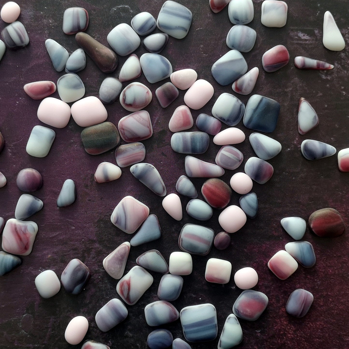 Handpicked Collection of Pink, Purple, and White Frosted Glass Nuggets or Cabachons for Art Projects