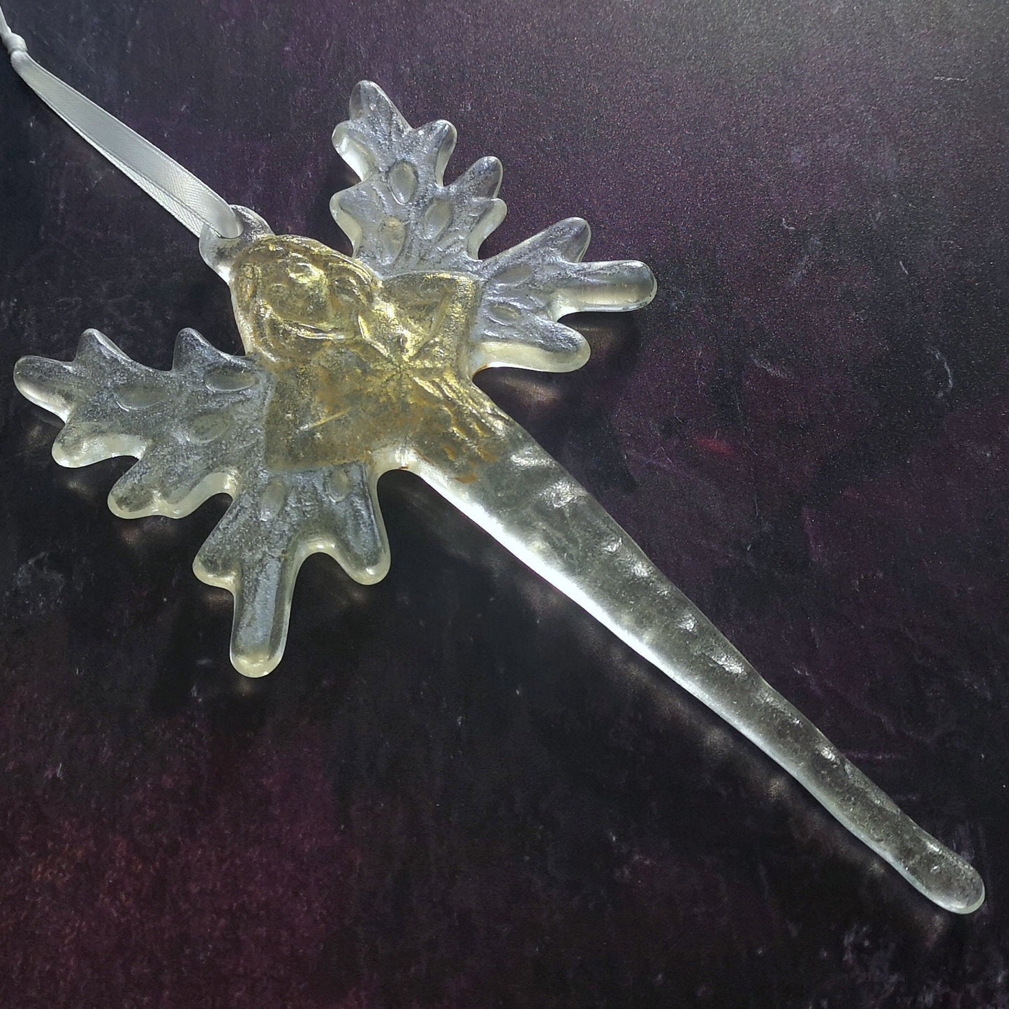 Handmade fused glass angel / fairy icicle decoration, showcasing intricate details and an icy glass finish, perfect for hanging on a Christmas tree