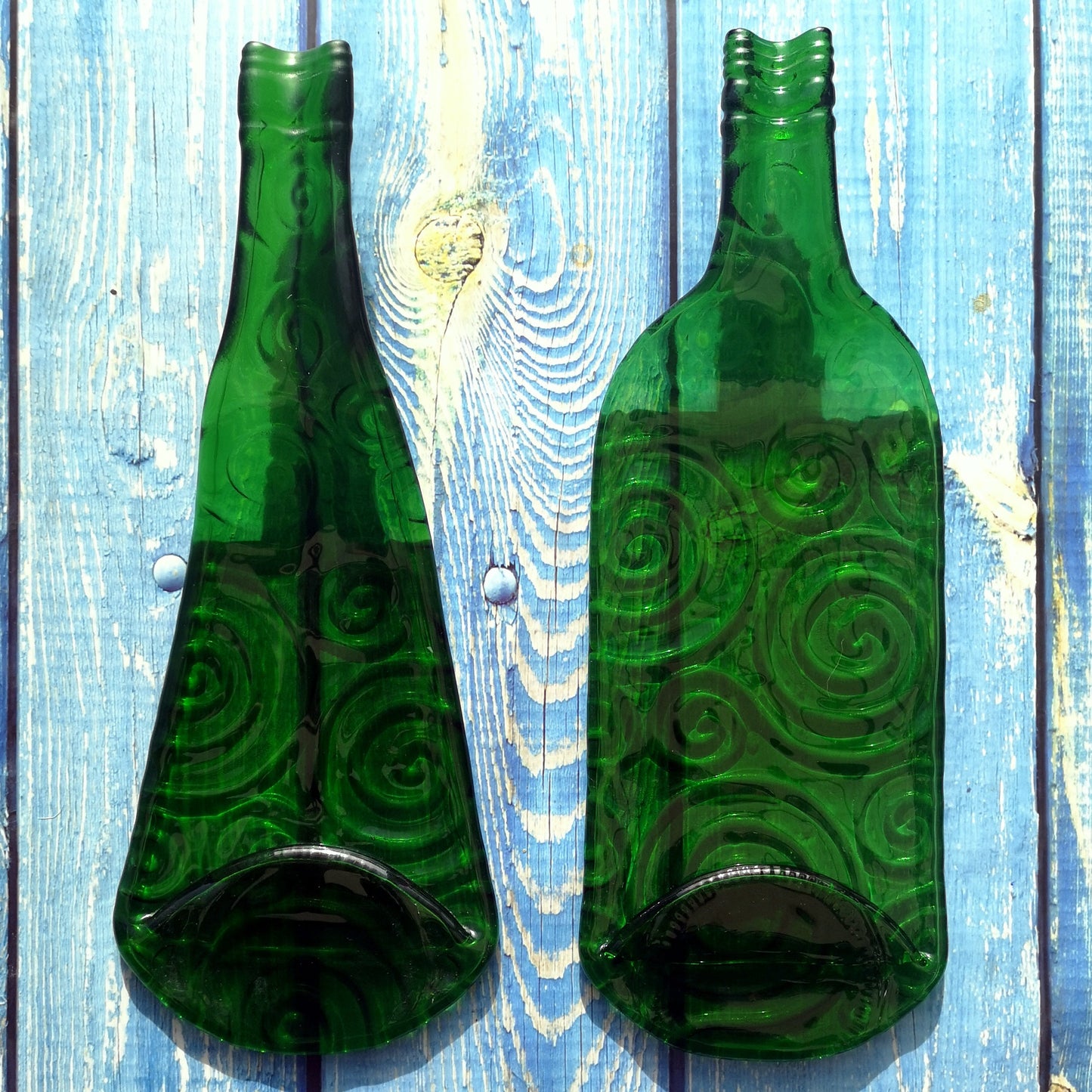 Handmade fused glass Recycled Wine Bottle Plate or Spatula Shape With Raised Neck Handle & Spiral Pattern. Squashed, slumped bottle serving dish. Eco gift, zero waste, reclaimed, upcycled glass platter.