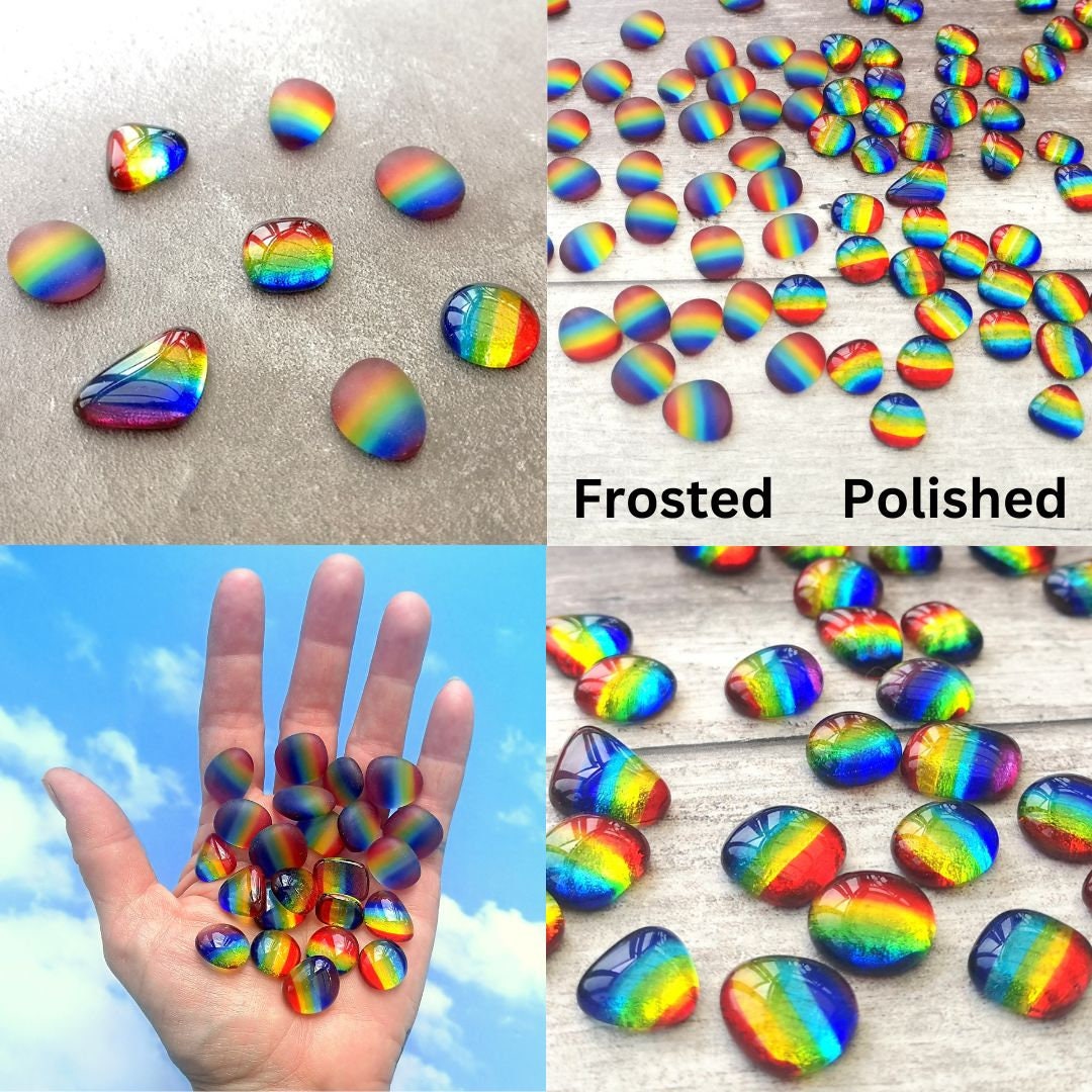 Collection of multicoloured little rainbows - polished or tumbled glass pieces, arranged in a visually appealing pattern, emphasizing their diverse sizes and creative potential