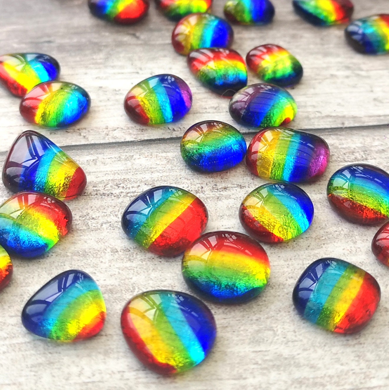 Multi coloured polished glass - a rainbow collection close up view